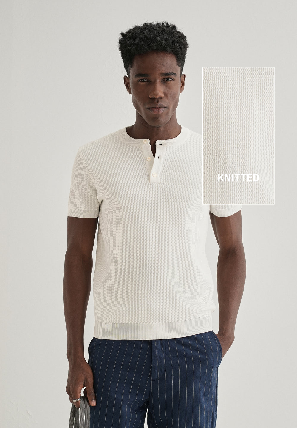 White Henley Neck Knitted T-shirt