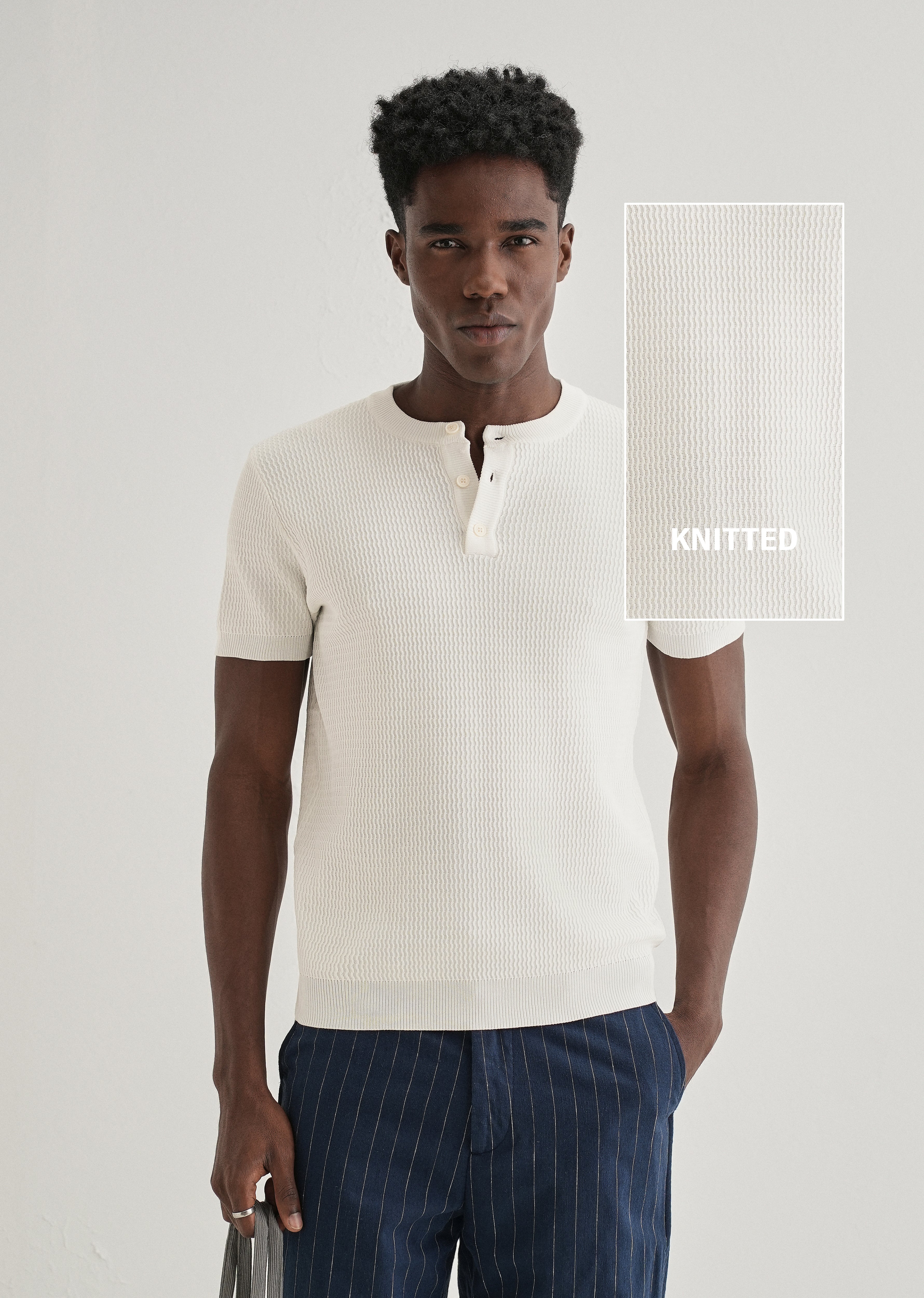 White Henley Neck Knitted T-shirt