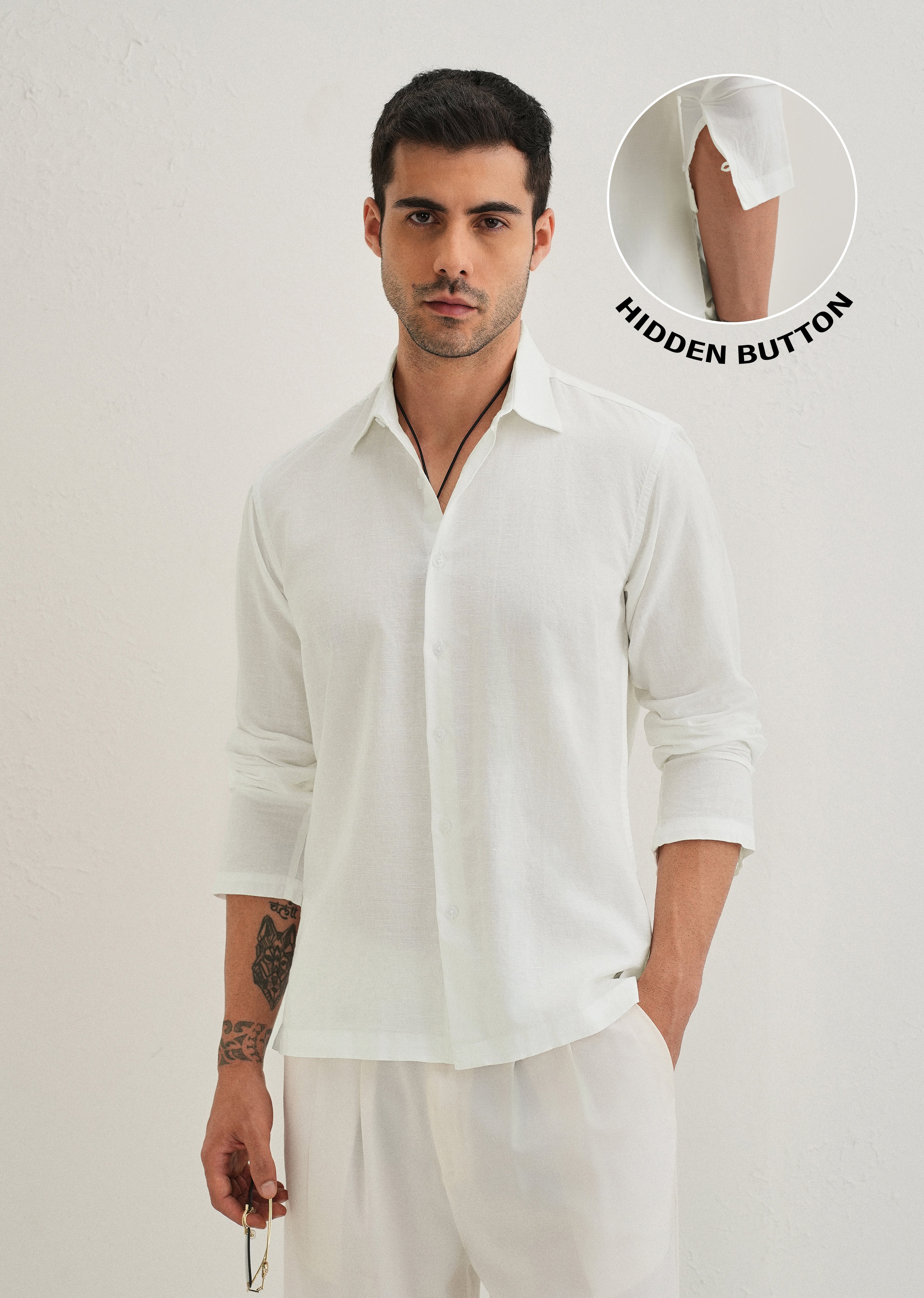 White Hidden Sleeve Placket Cotton Linen Shirt