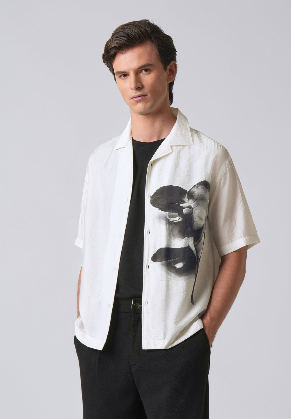 White Ink Wash Floral Print Shirt