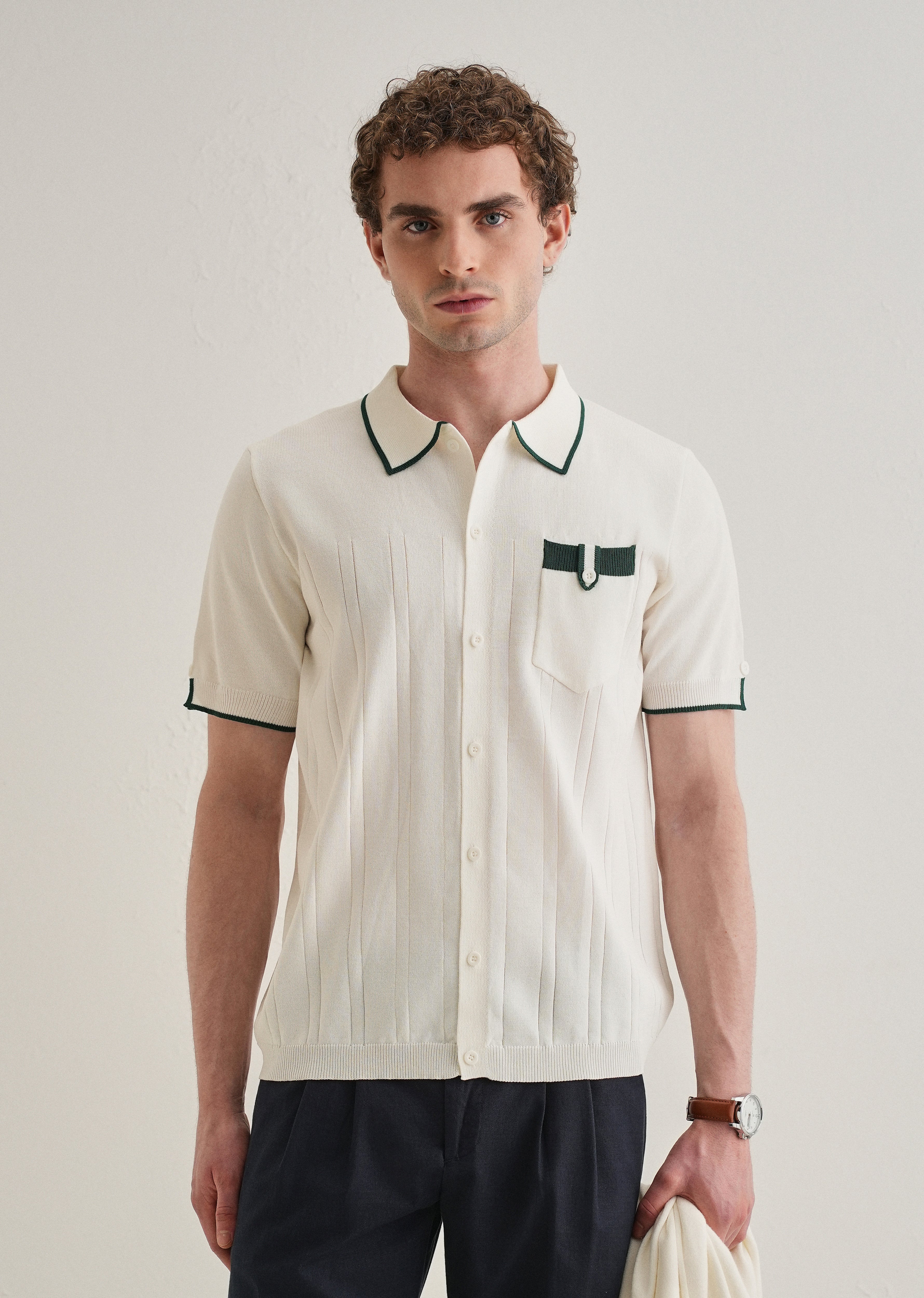 White Knitted Notch Sleeve Shirt