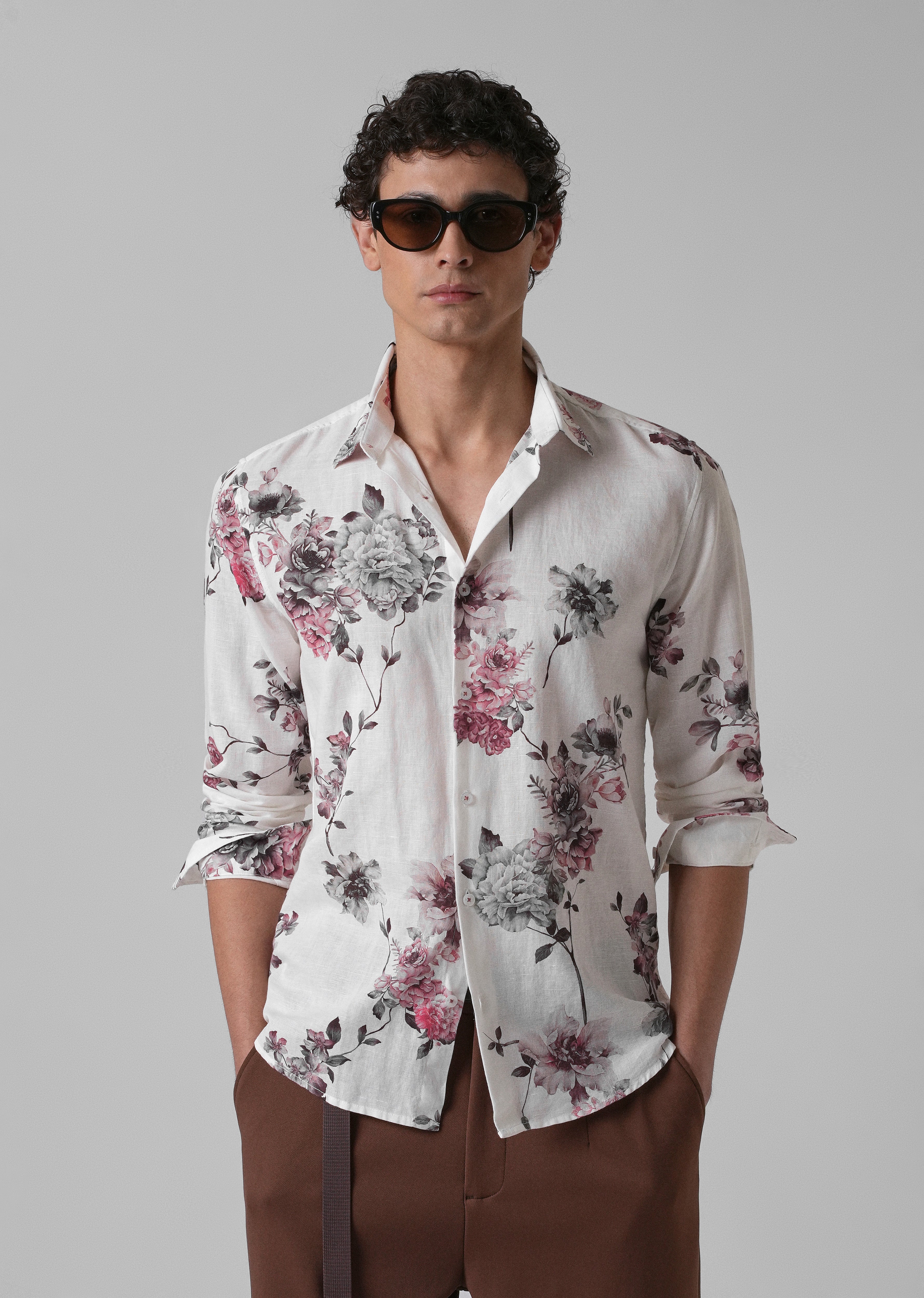 White Peony Dahlia Printed Cotton Linen Shirt