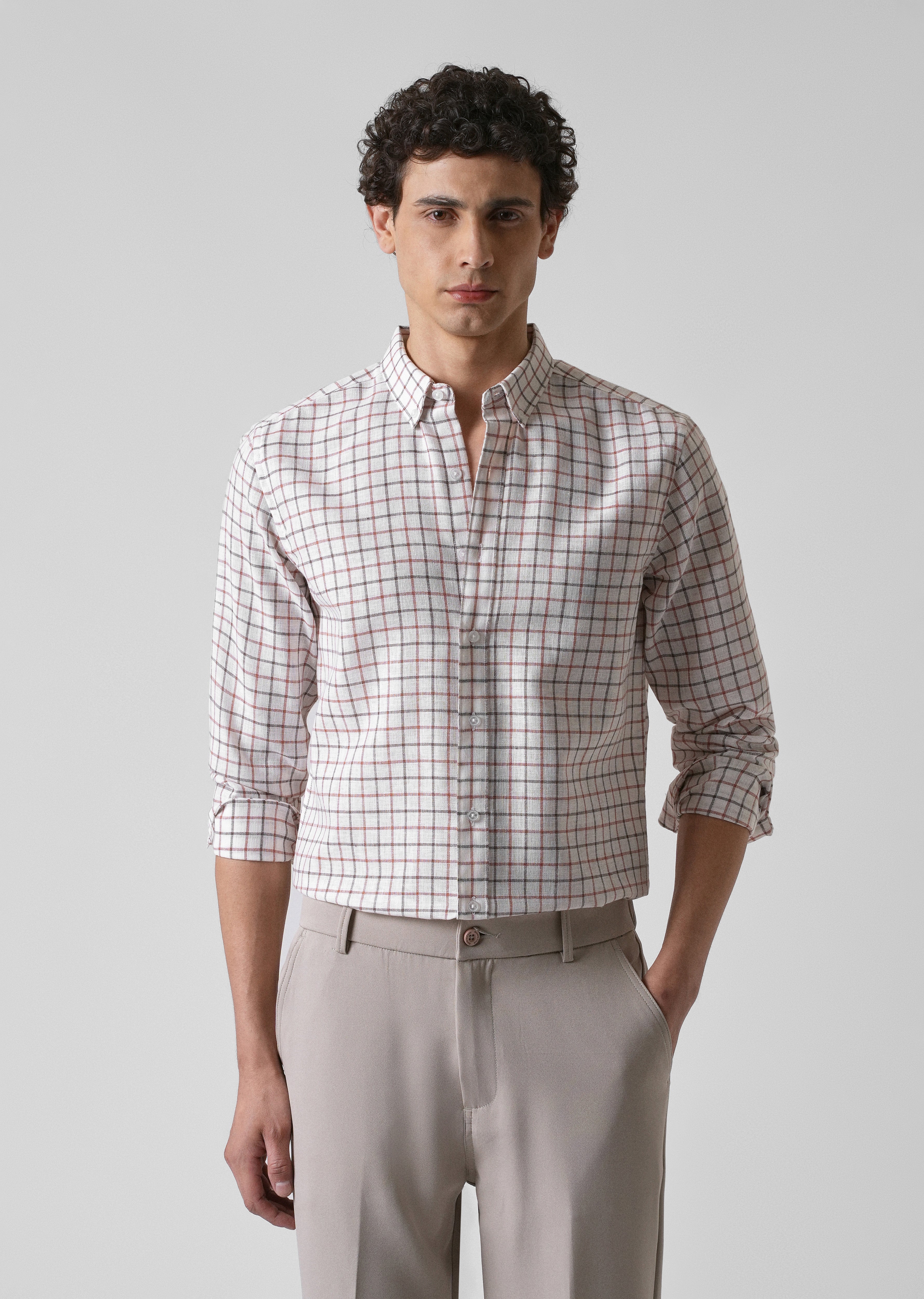 White Red Blended Cotton Check Shirt