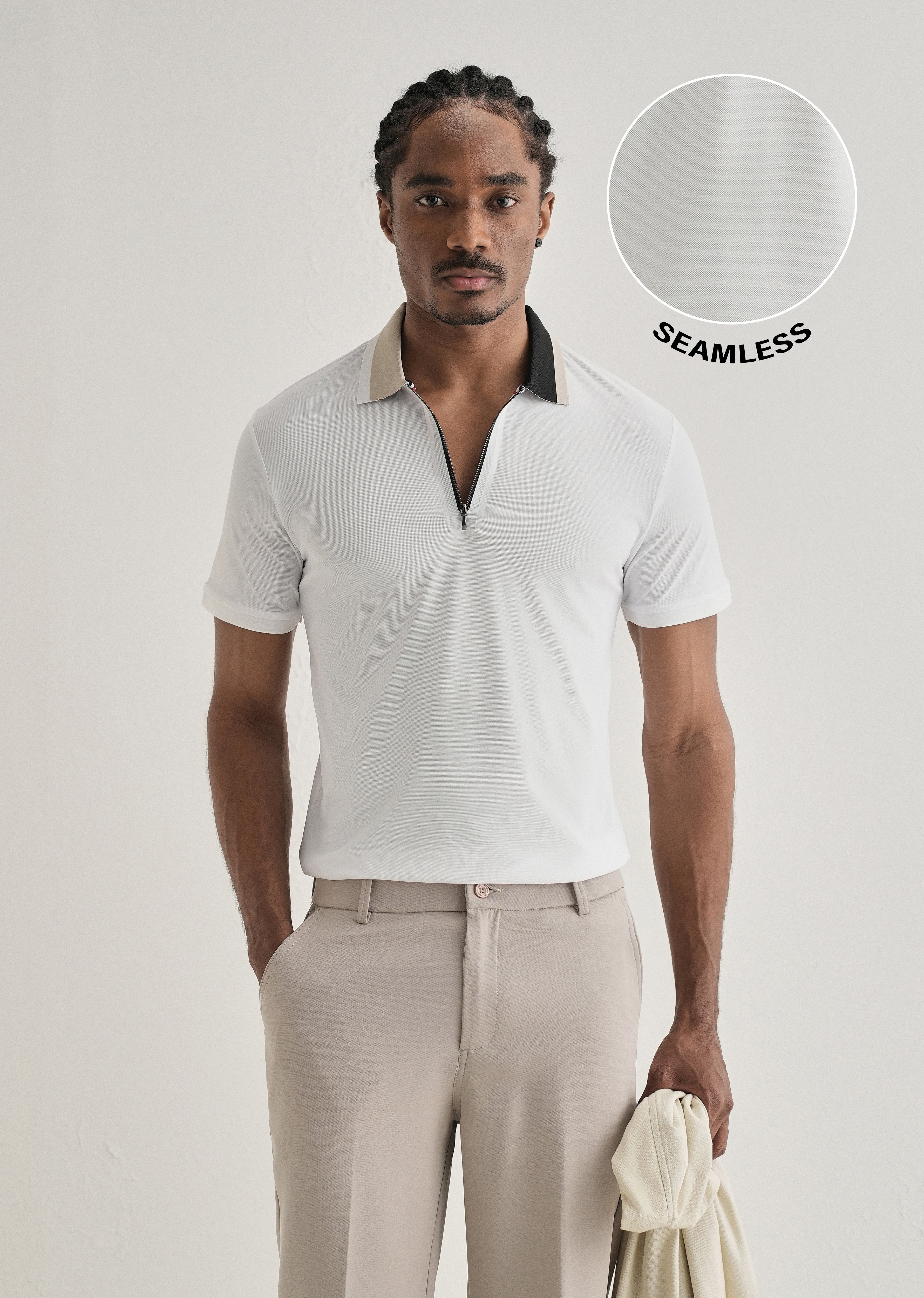 White Zipper Polo Collar Seamless T-shirt