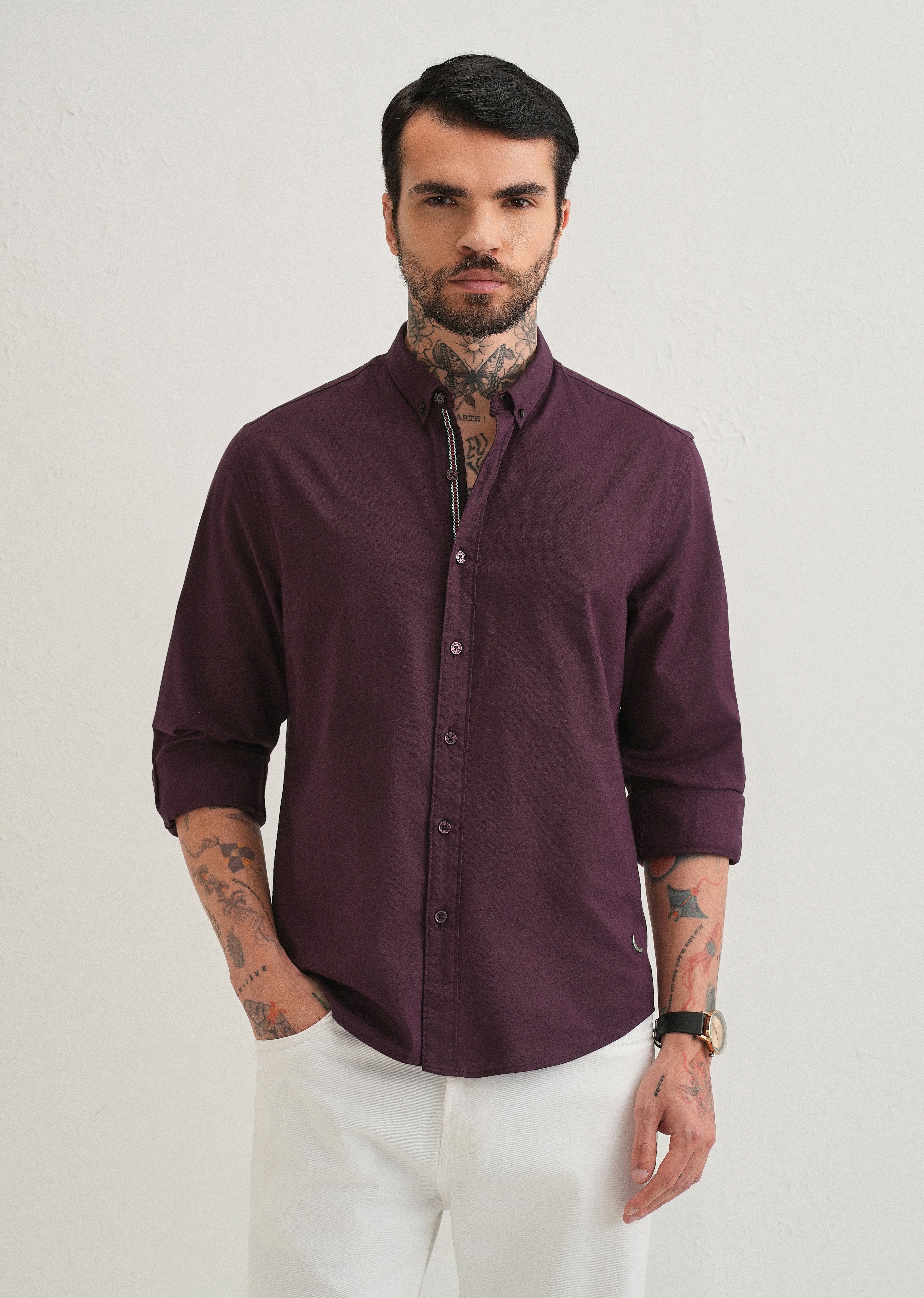 Wine Contrast Placket Shirt