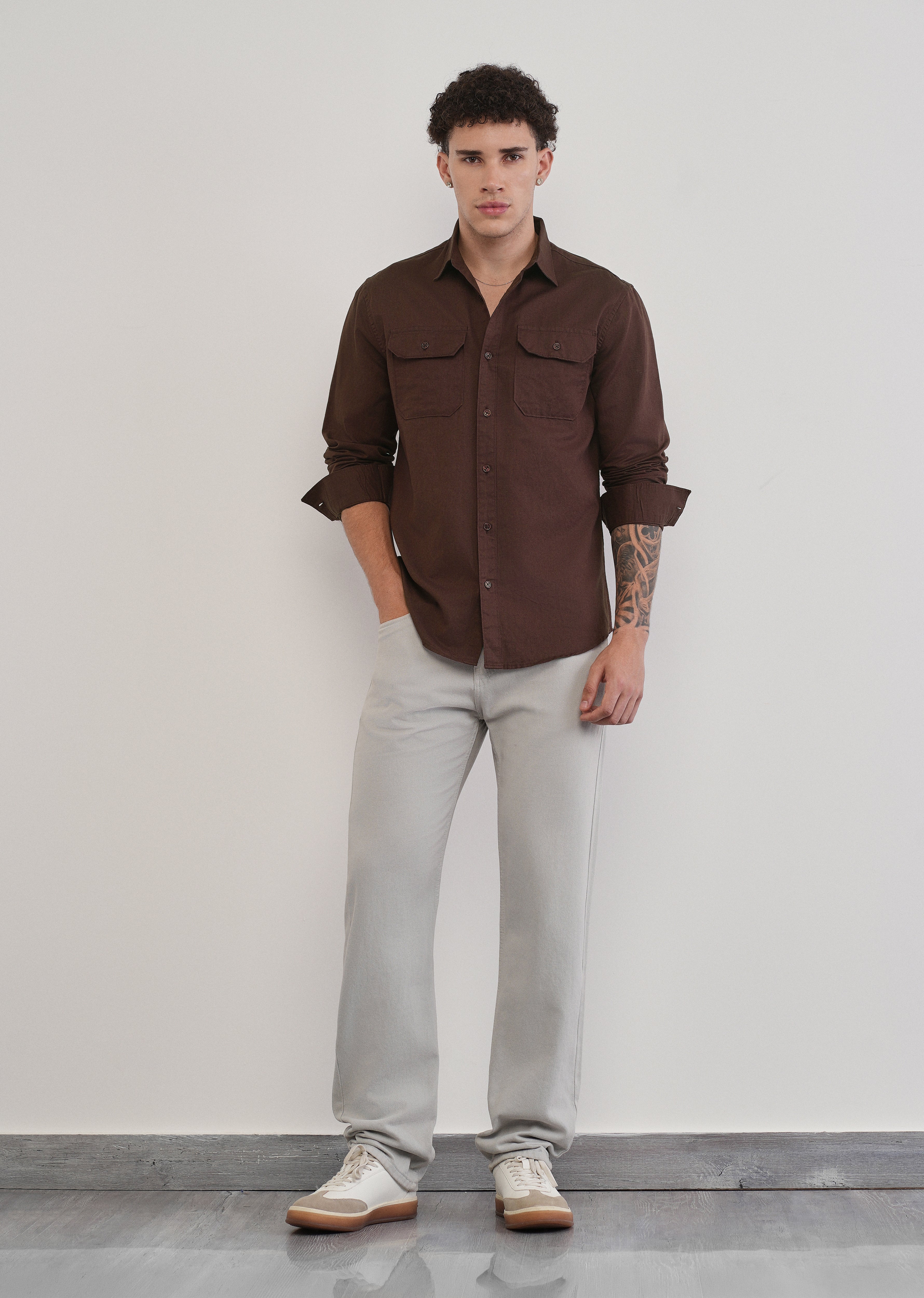 Wine Cotton Linen Flap Pocket Shirt