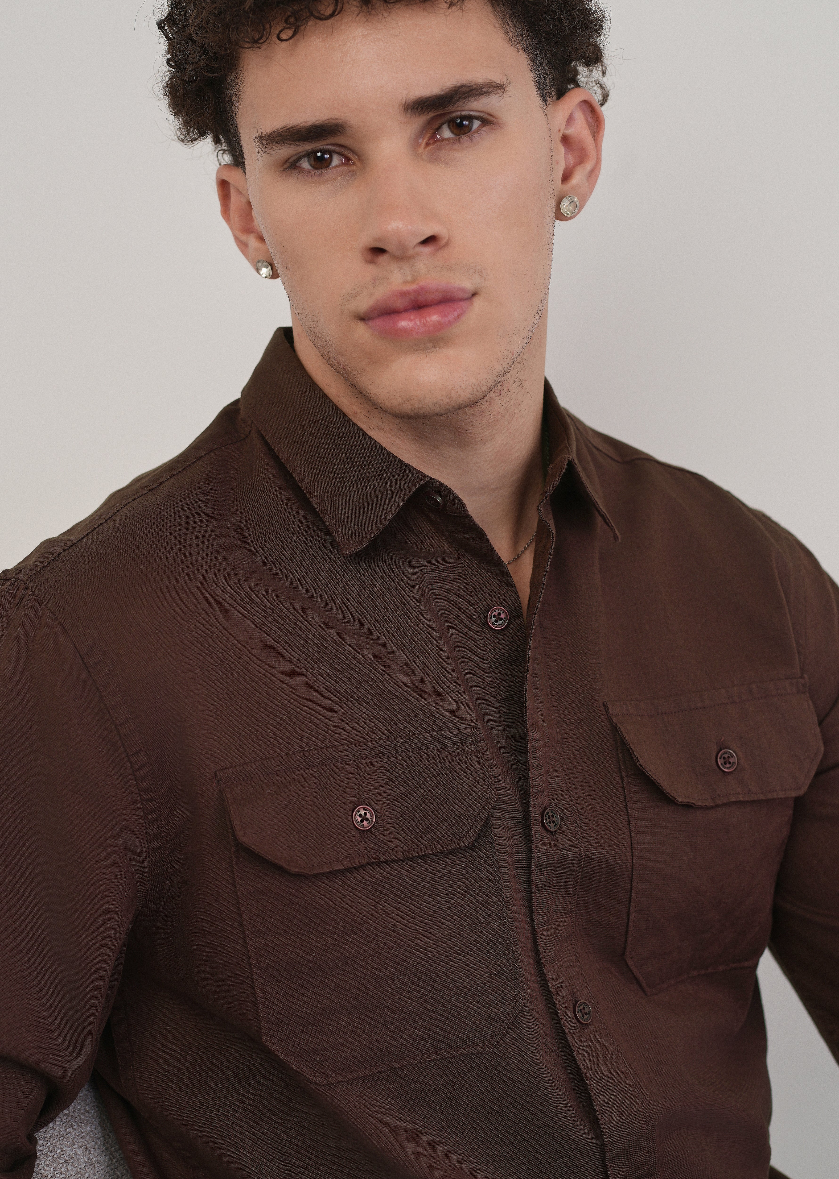 Wine Cotton Linen Flap Pocket Shirt