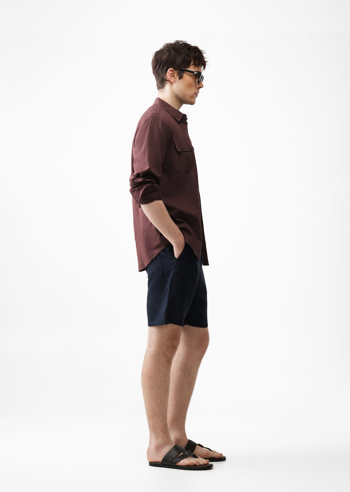 Wine Cotton Linen Flap Pocket Shirt
