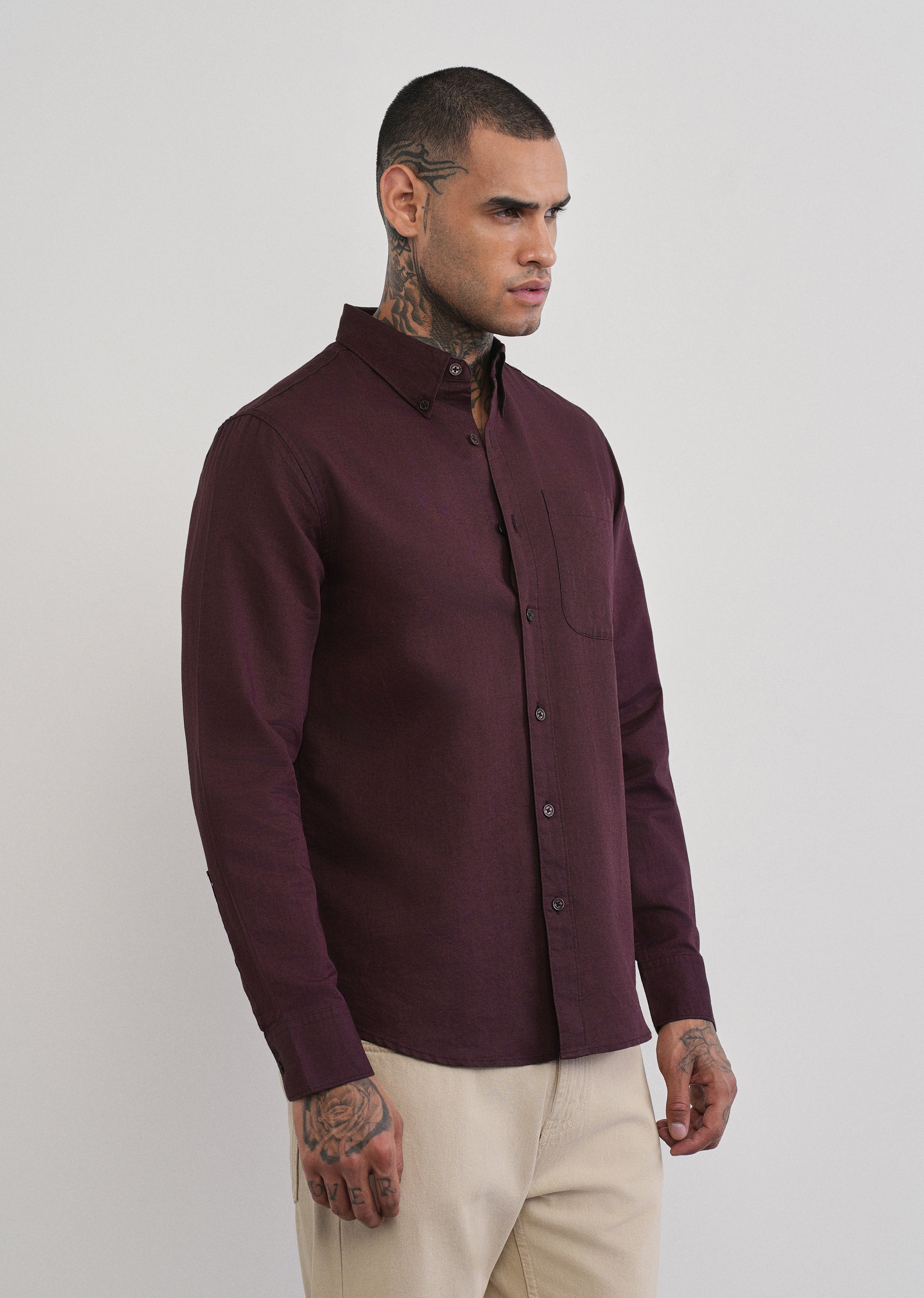Wine Cotton Linen Plain Shirt