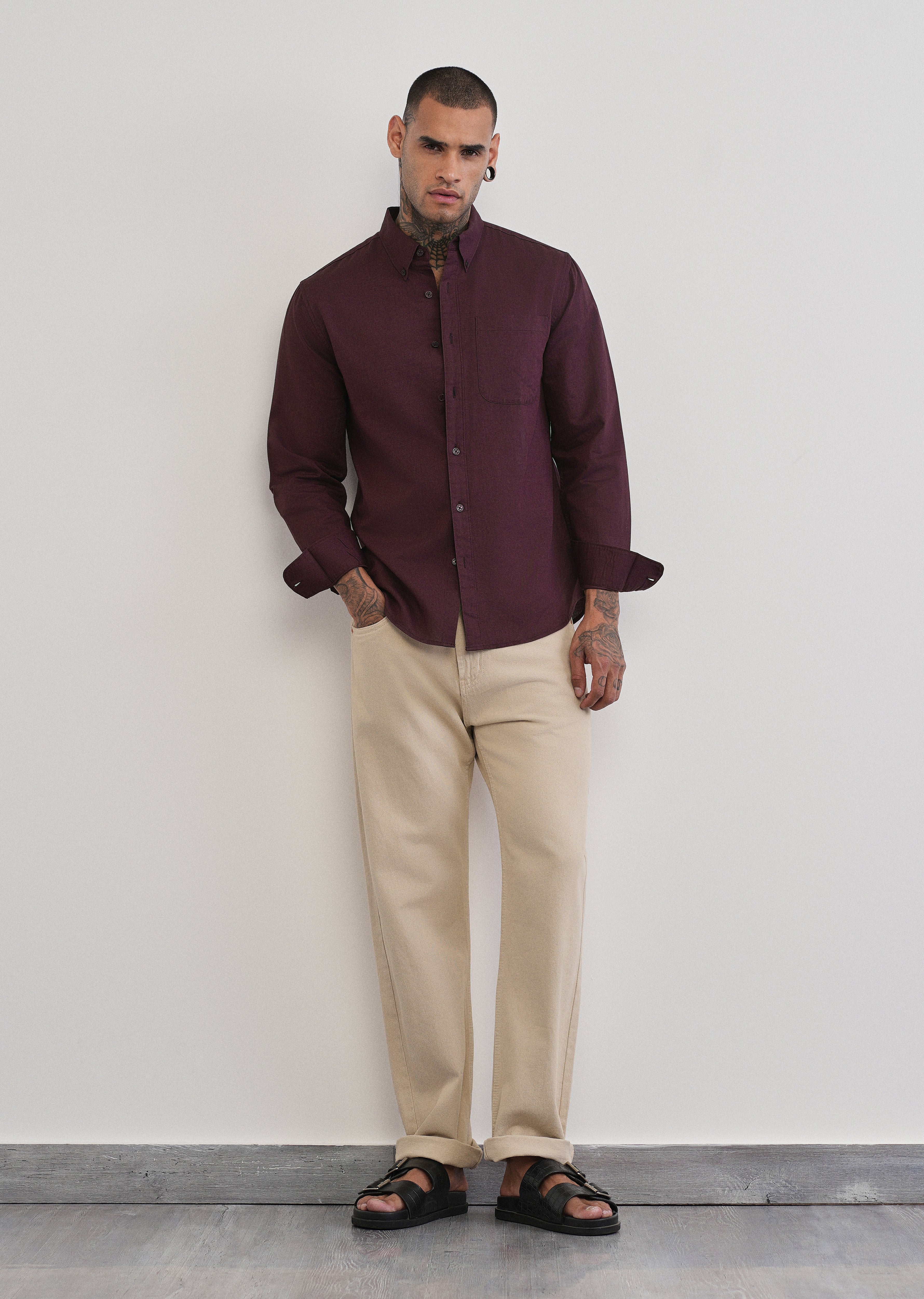 Wine Cotton Linen Plain Shirt