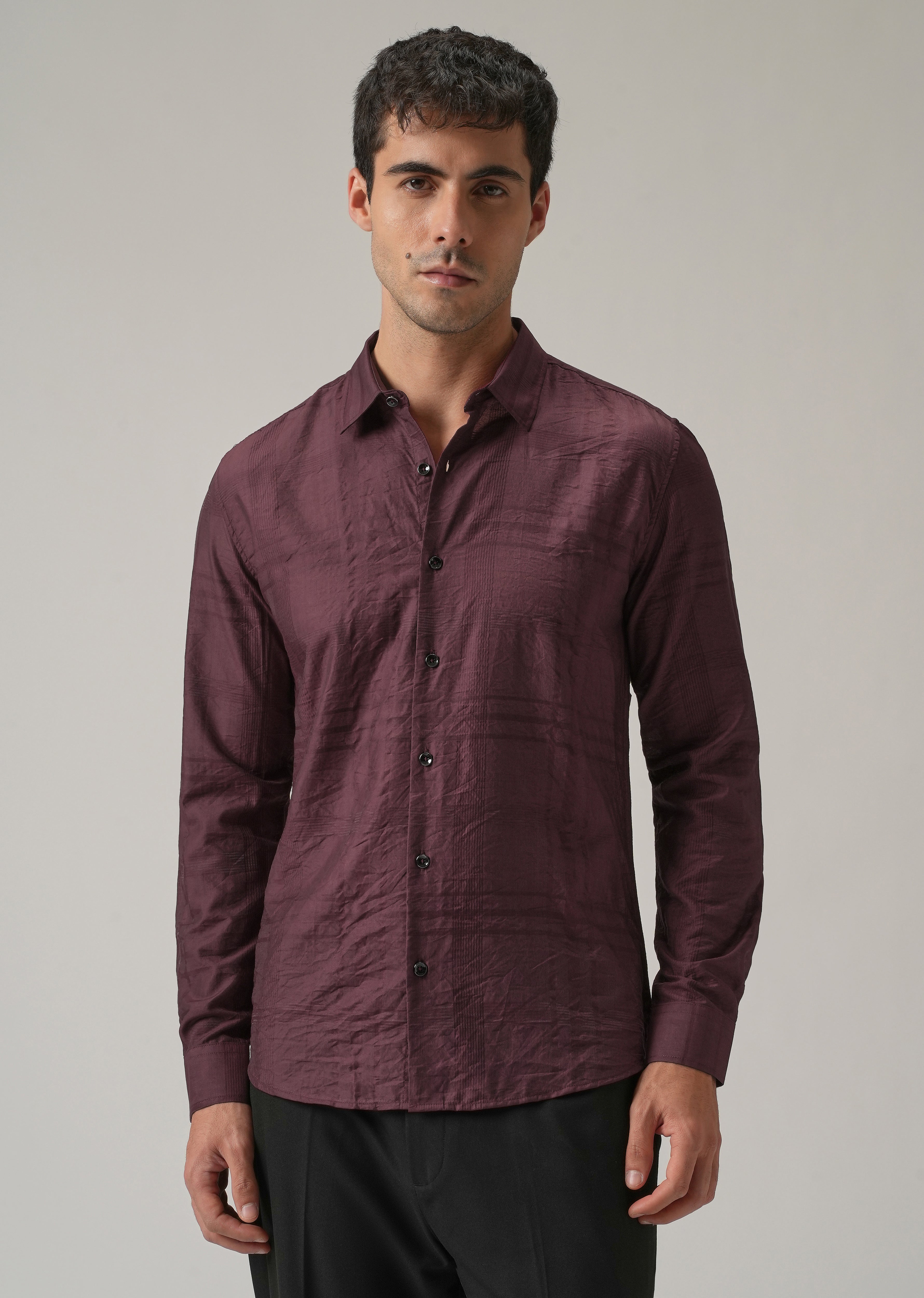 Wine Crinkled Self Stripe Shirt