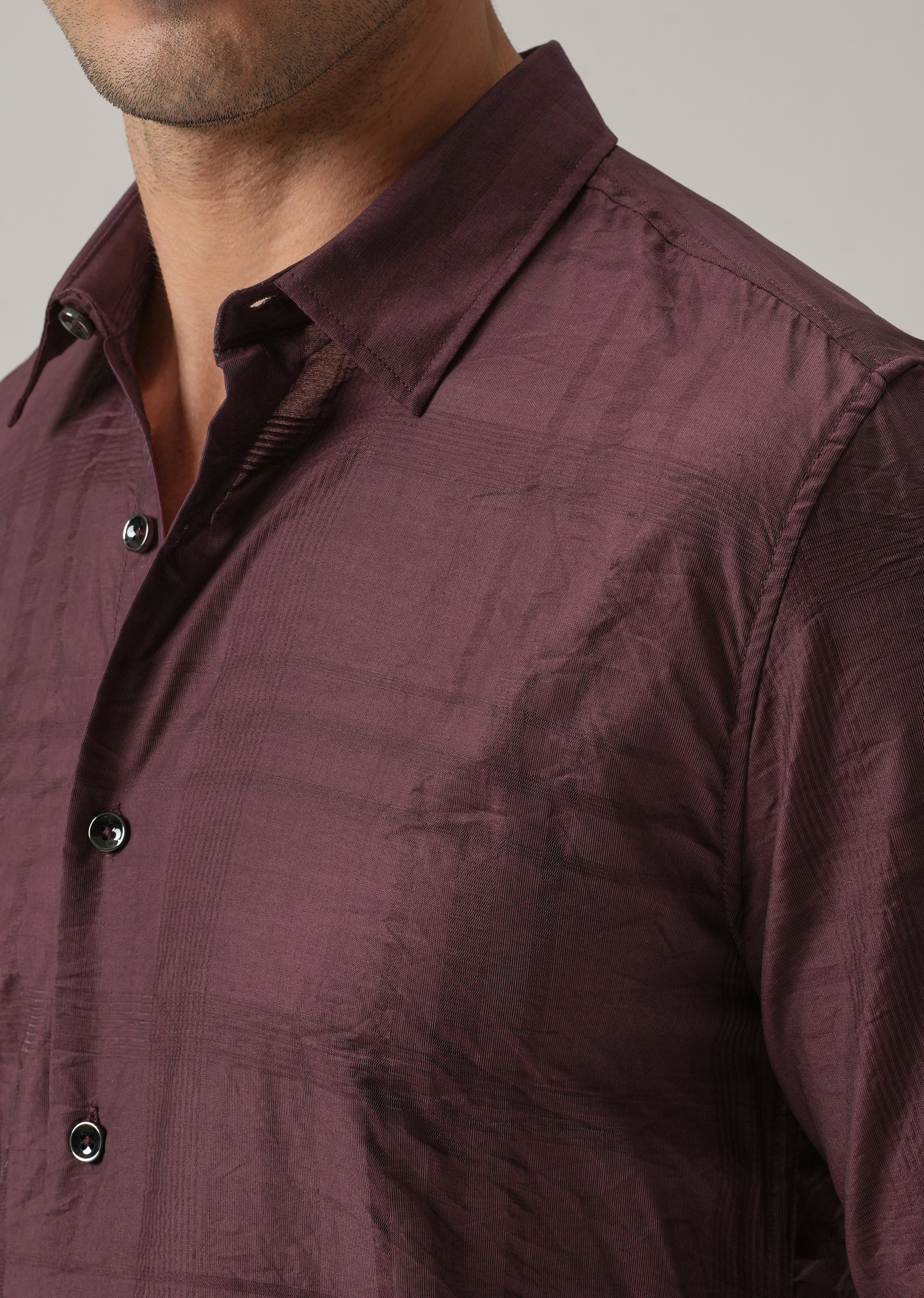 Wine Crinkled Self Stripe Shirt