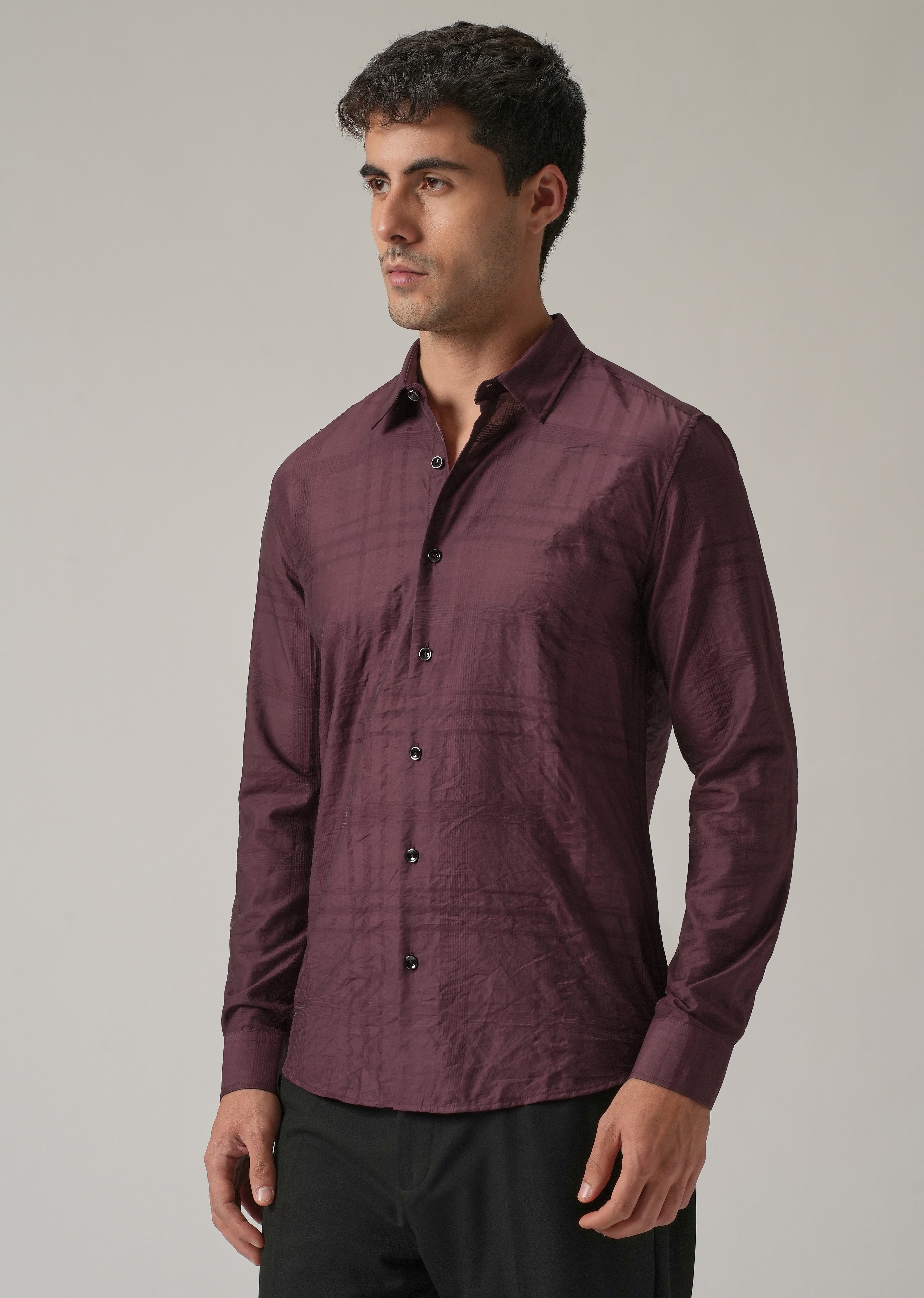 Wine Crinkled Self Stripe Shirt
