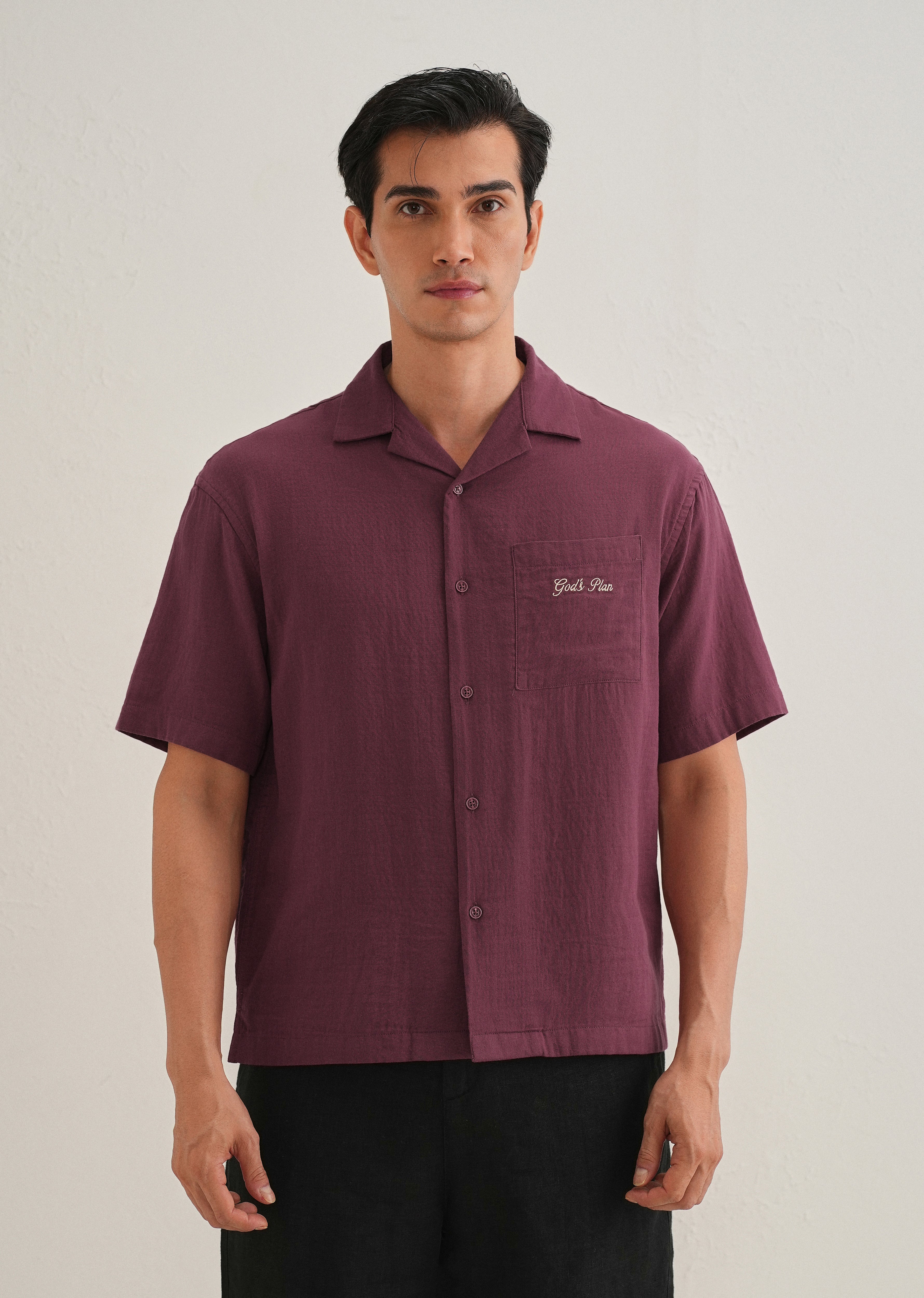 Wine Embroidered Double Cloth Cotton Shirt