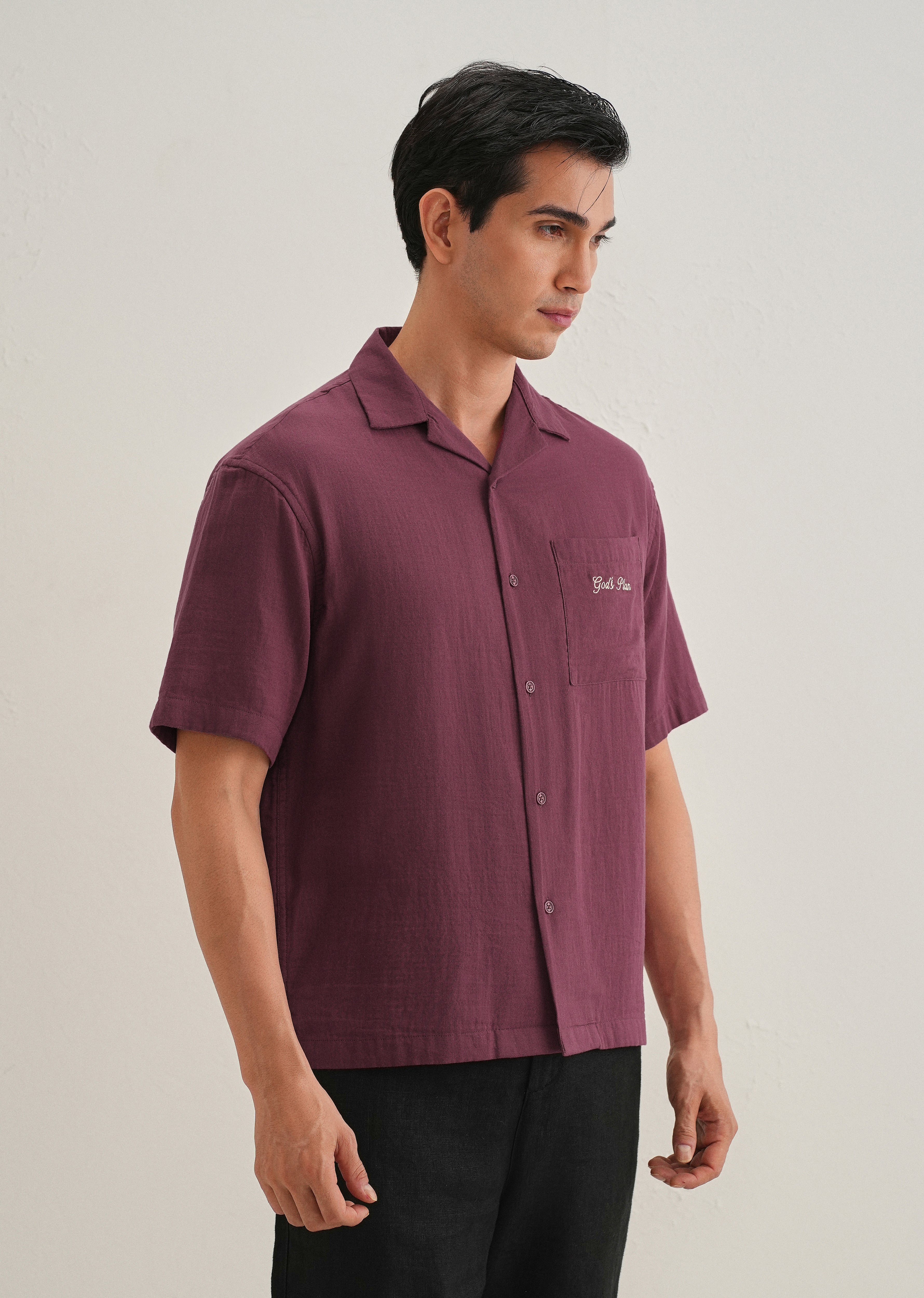 Wine Embroidered Double Cloth Cotton Shirt