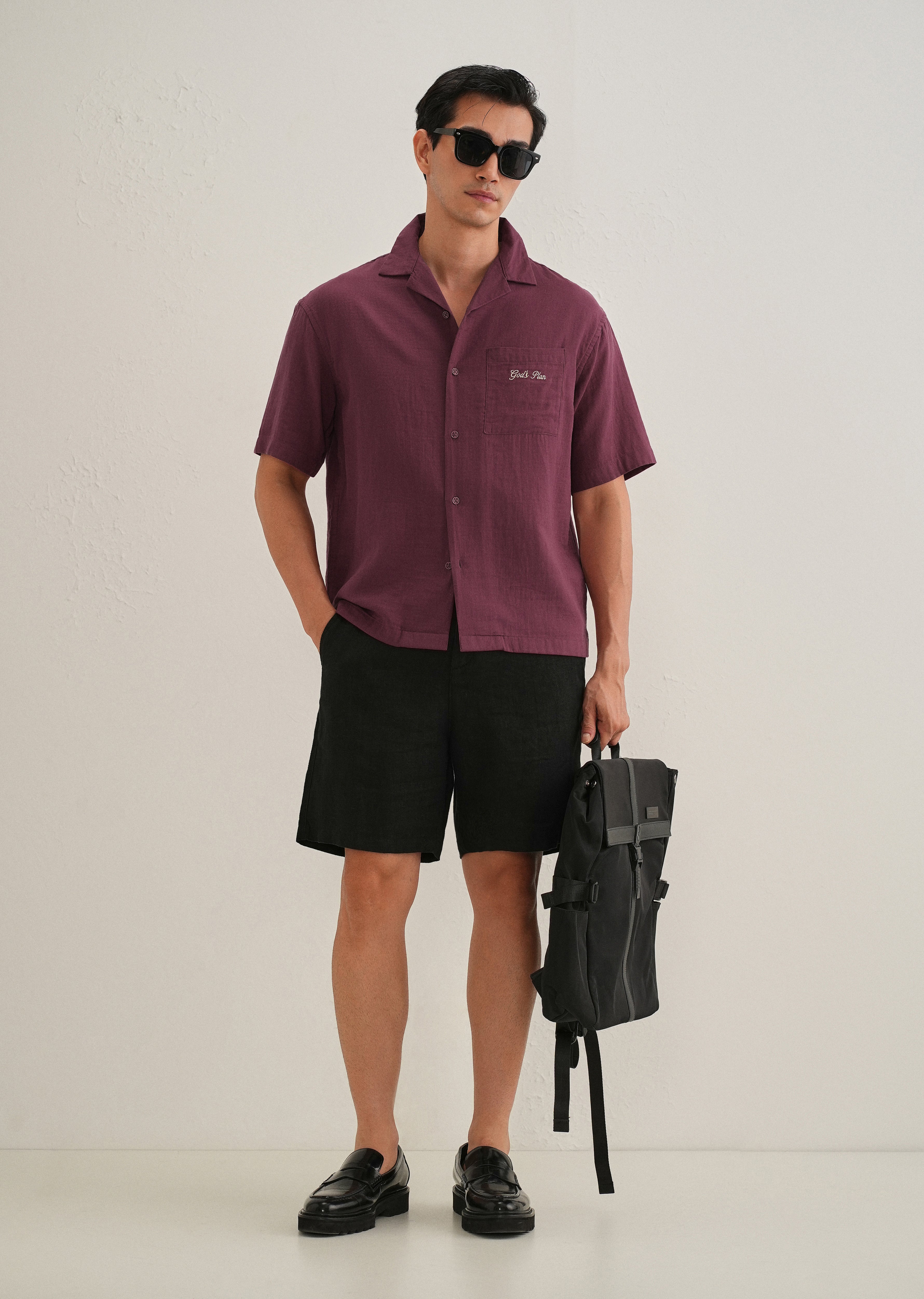 Wine Embroidered Double Cloth Cotton Shirt