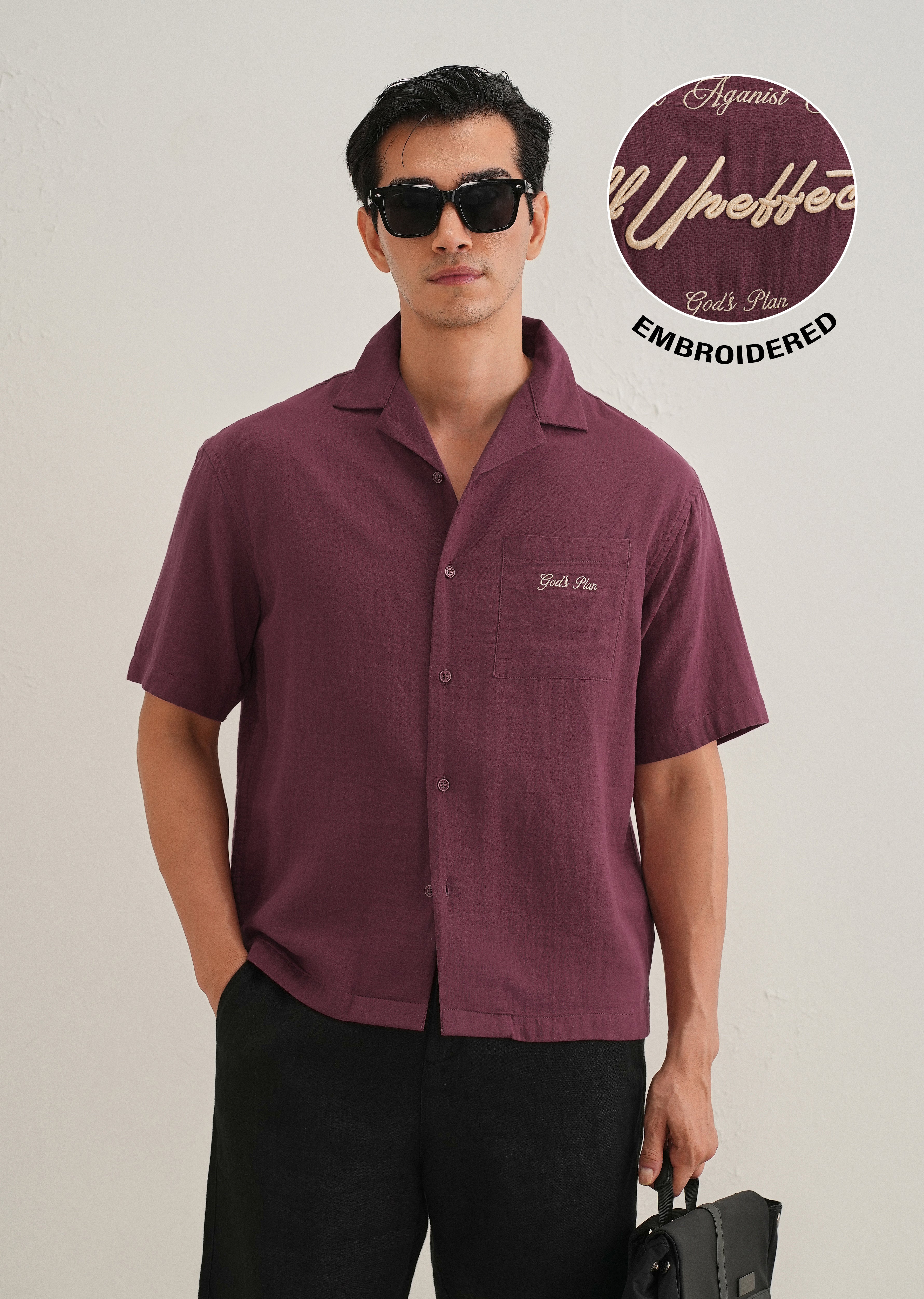 Wine Embroidered Double Cloth Cotton Shirt