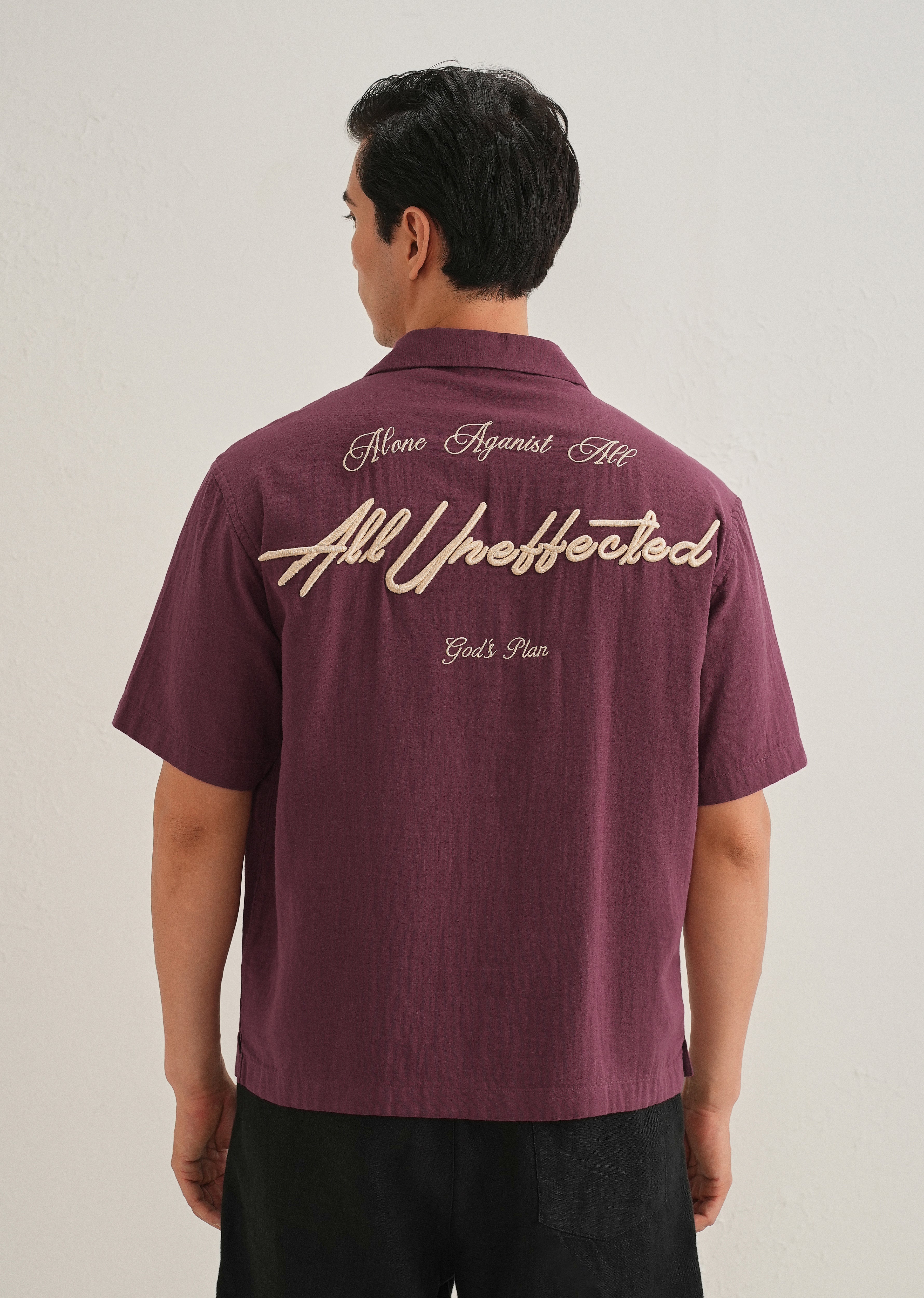 Wine Embroidered Double Cloth Cotton Shirt