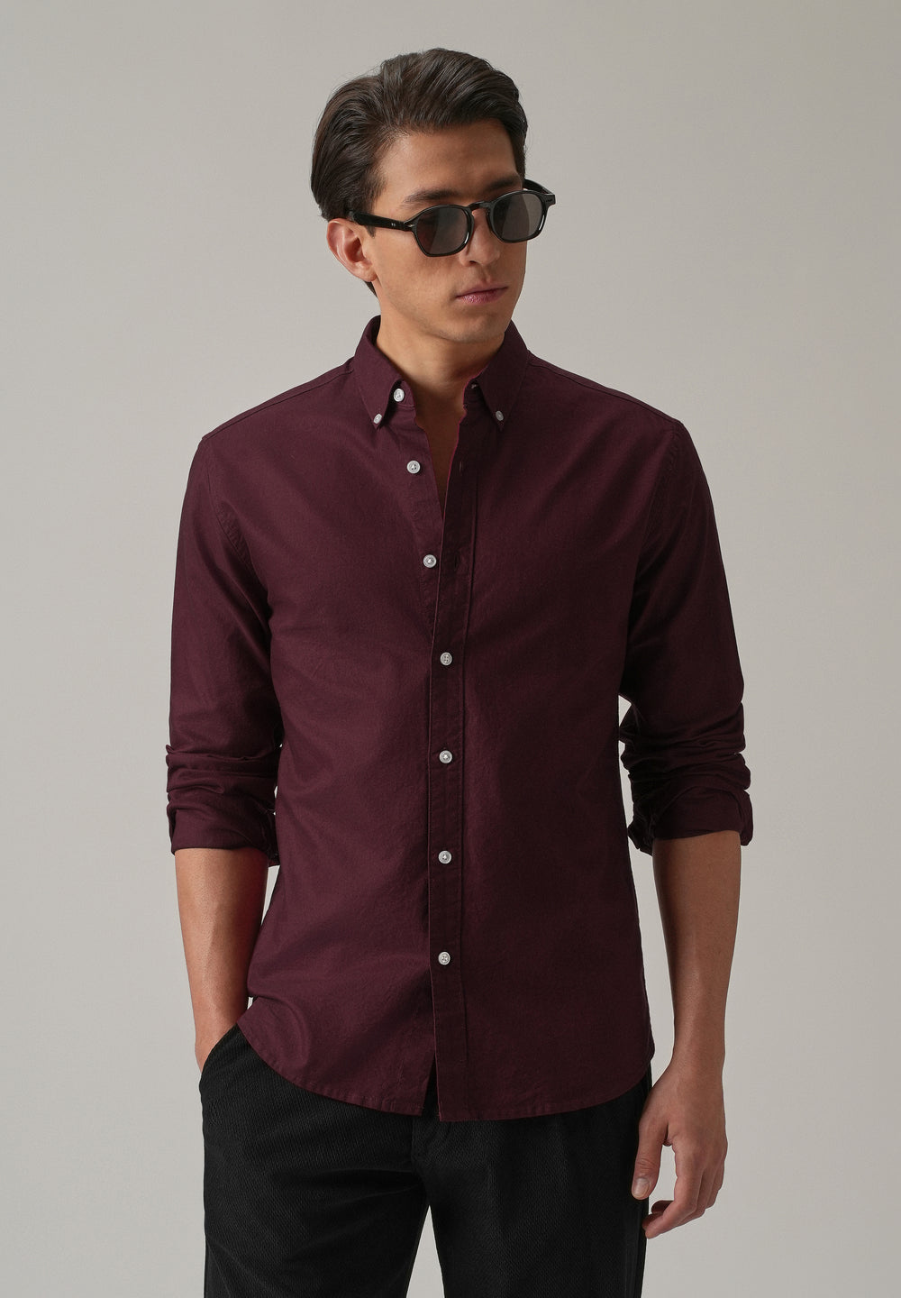 Wine Plain Elbow Patch Oxford Shirt