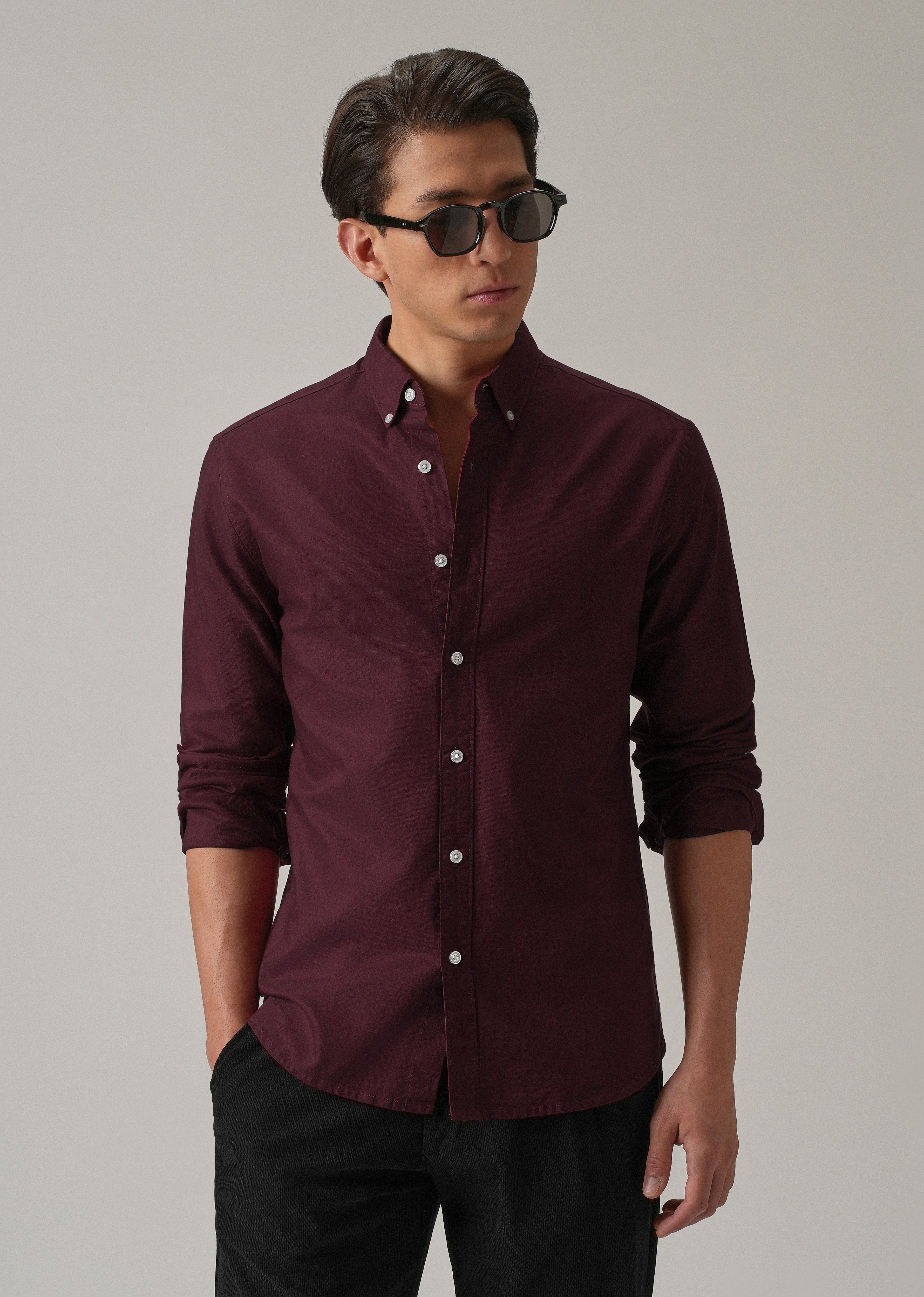 Wine Plain Elbow Patch Oxford Shirt