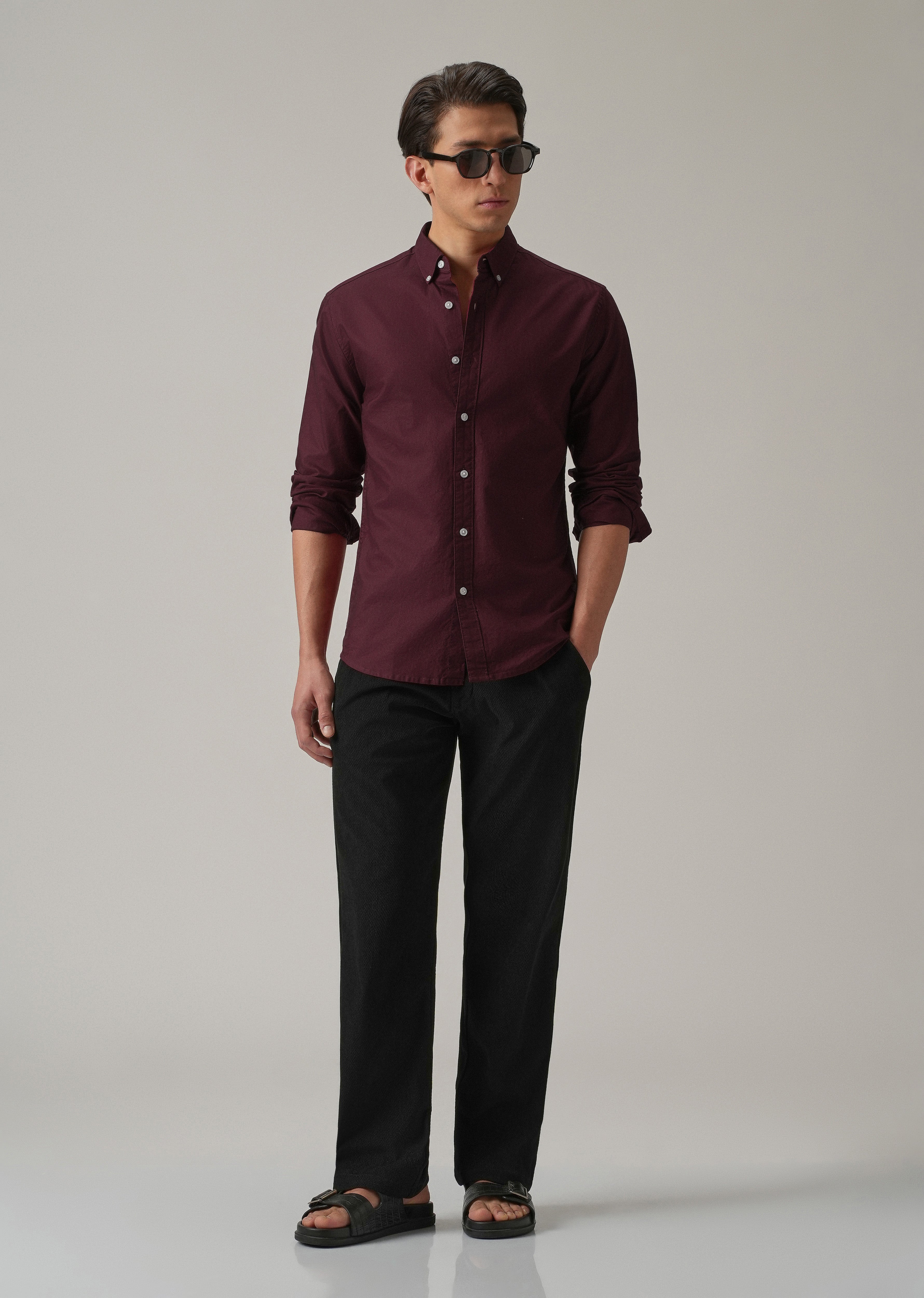 Wine Plain Elbow Patch Oxford Shirt