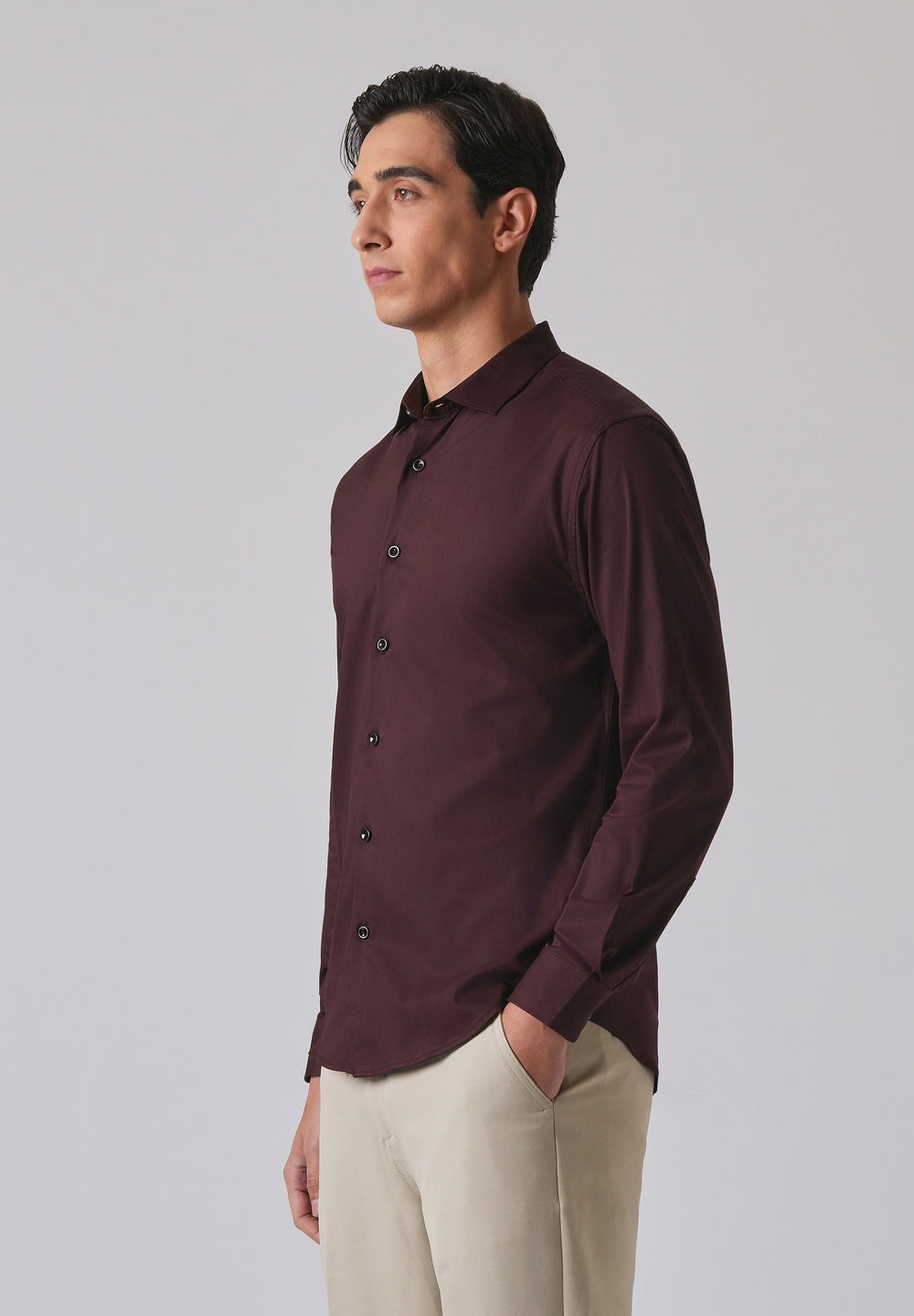 Wine Cotton Stretch Plain Shirt