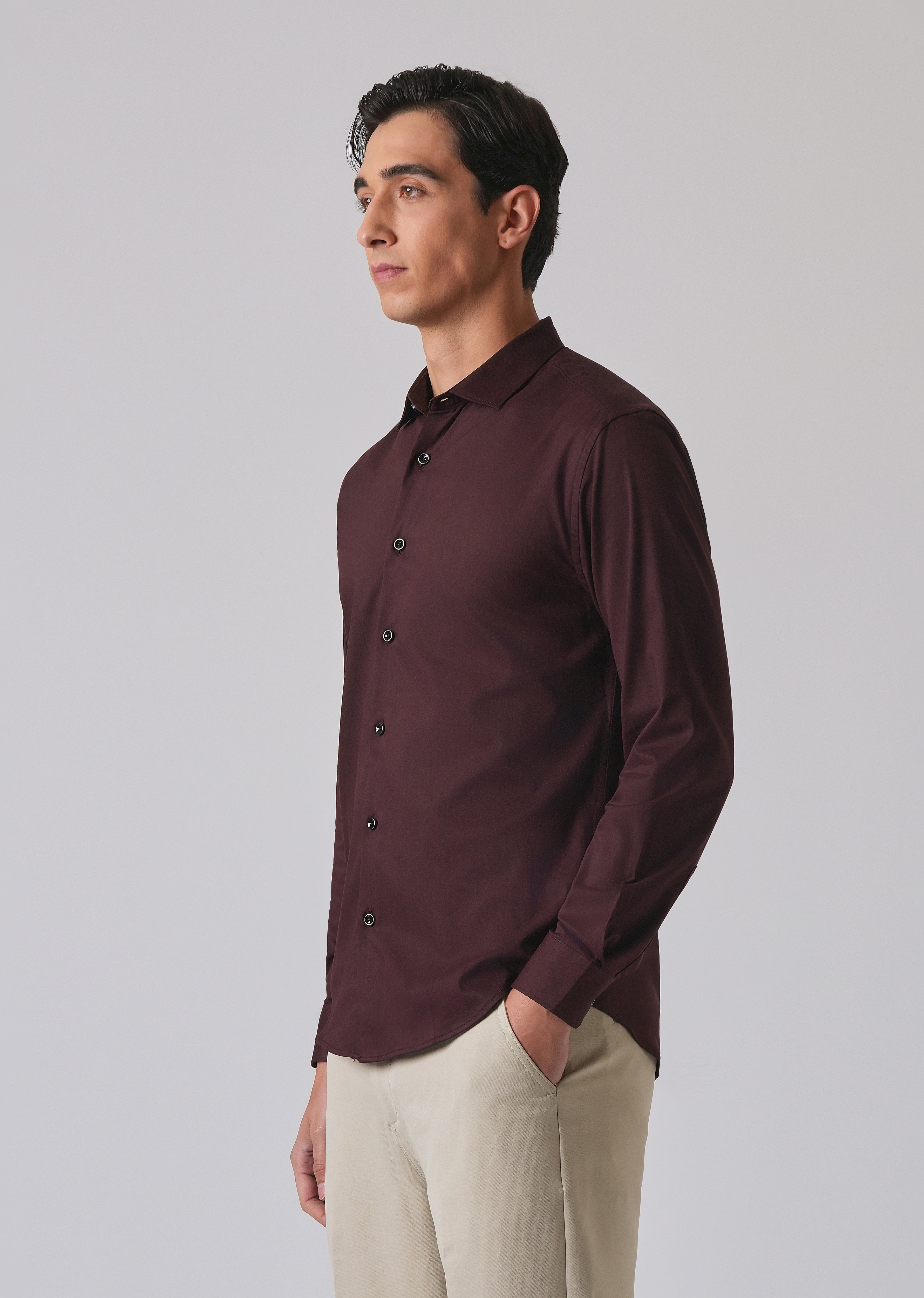 Wine Cotton Stretch Plain Shirt