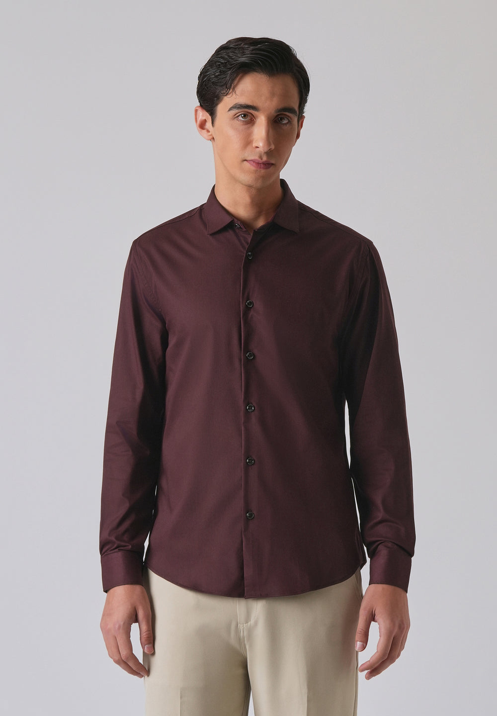 Wine Cotton Stretch Plain Shirt
