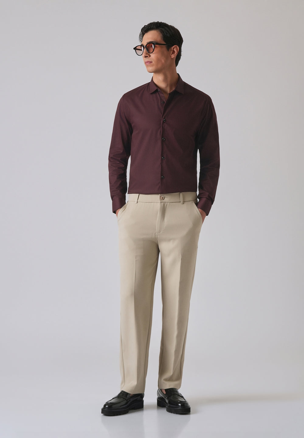 Wine Cotton Stretch Plain Shirt