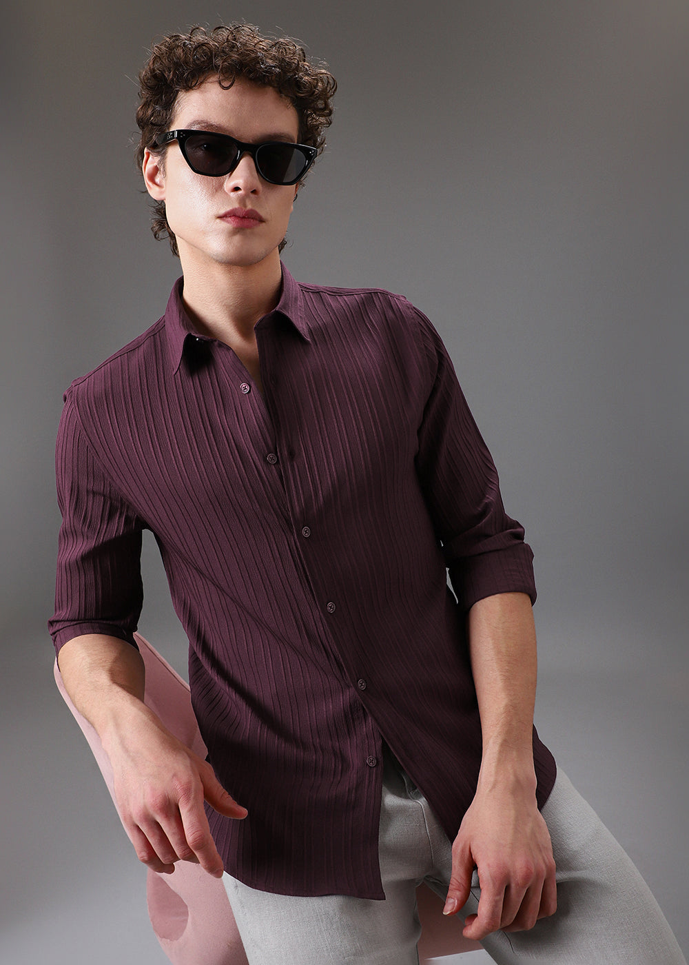 Wine Self Striped Shirt
