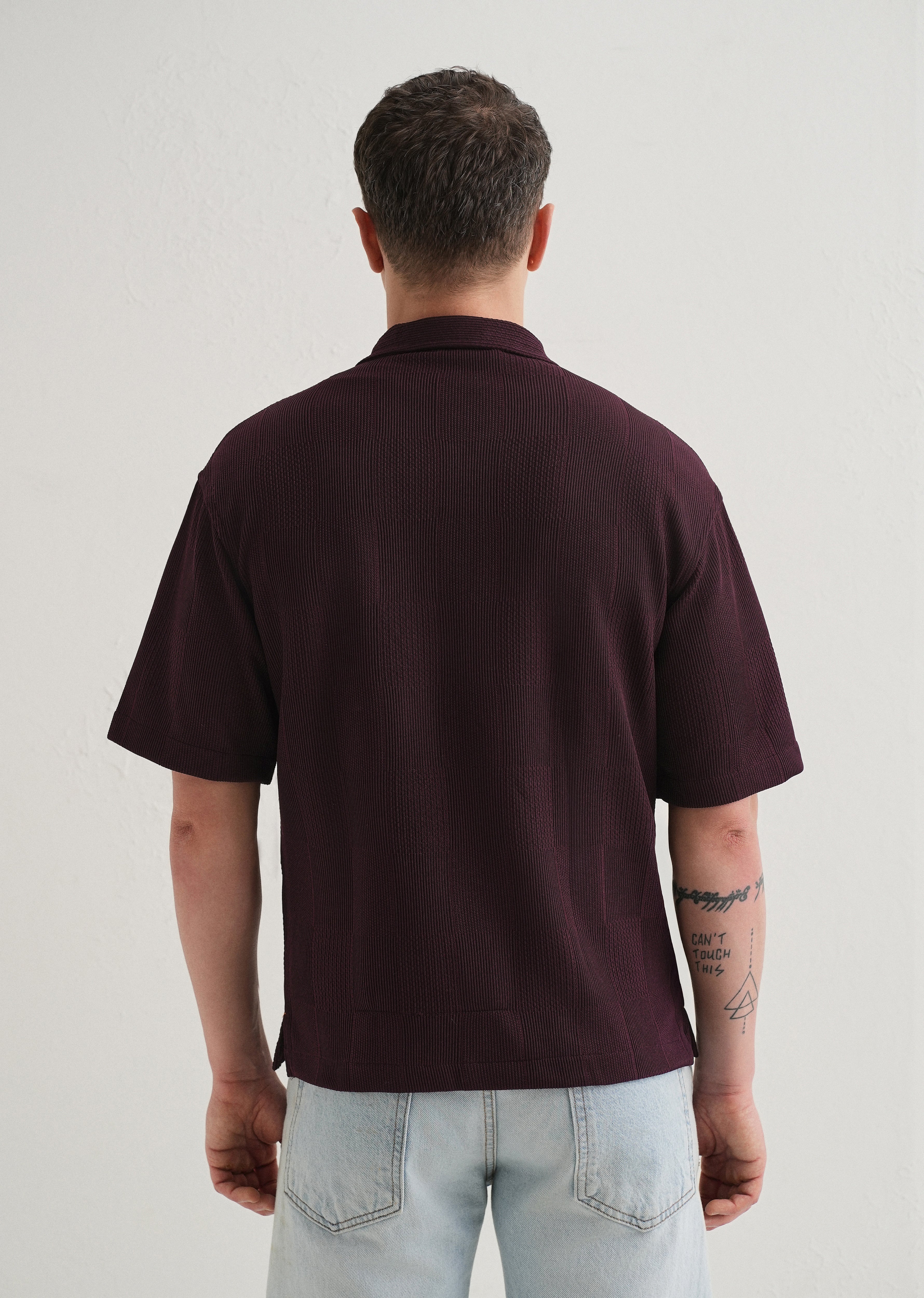 Wine Textured Check Knit Shirt