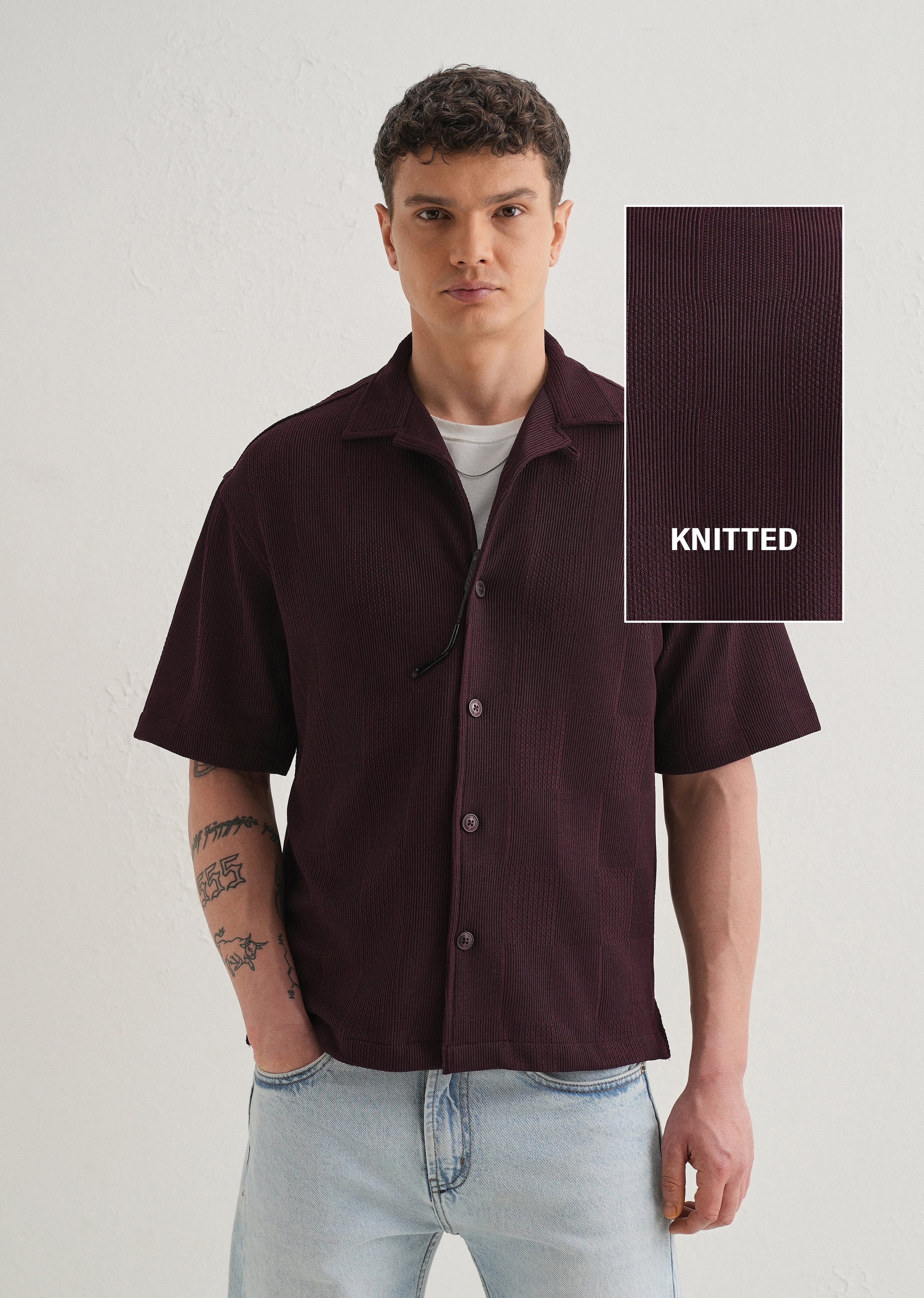 Wine Textured Check Knit Shirt