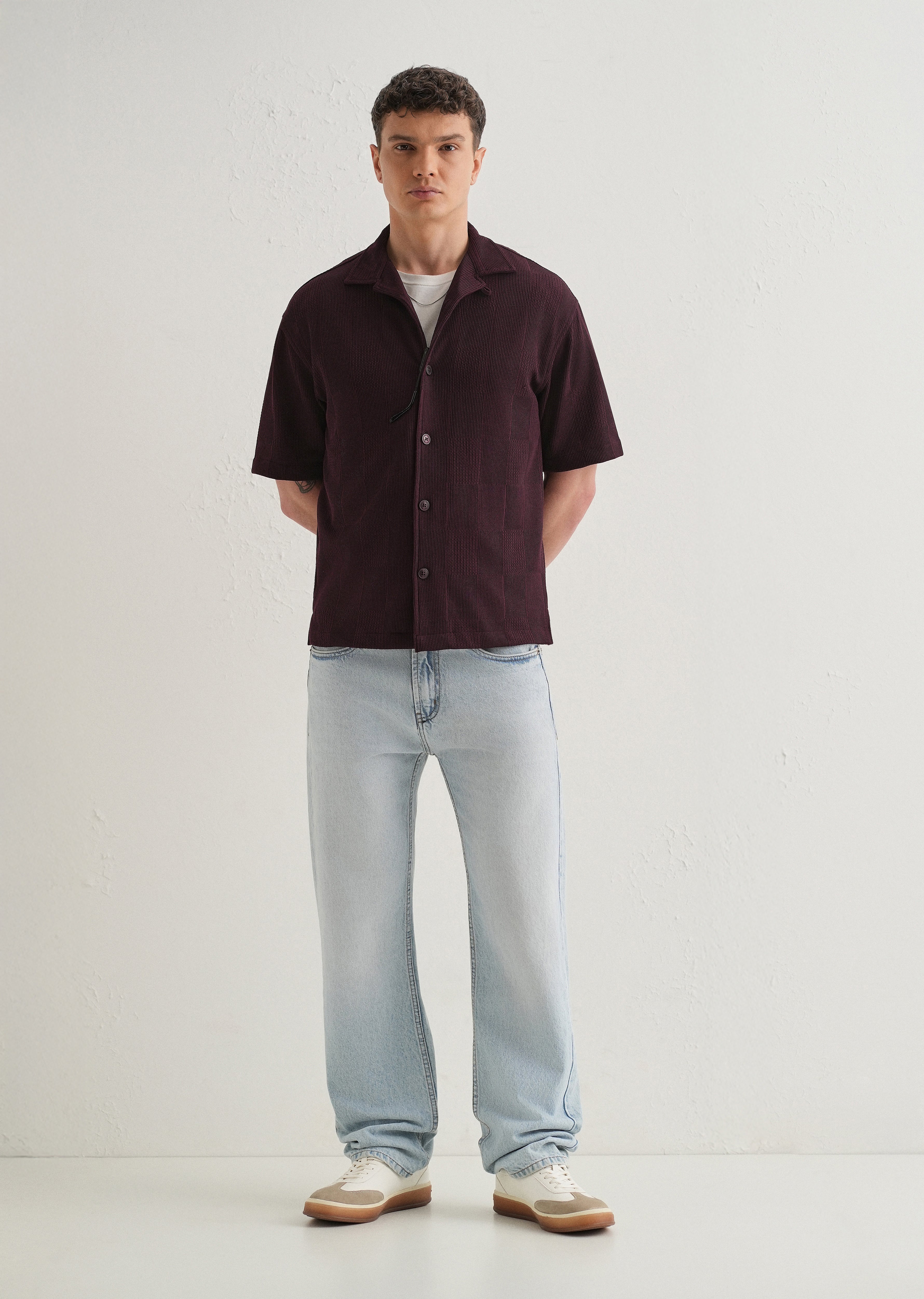 Wine Textured Check Knit Shirt