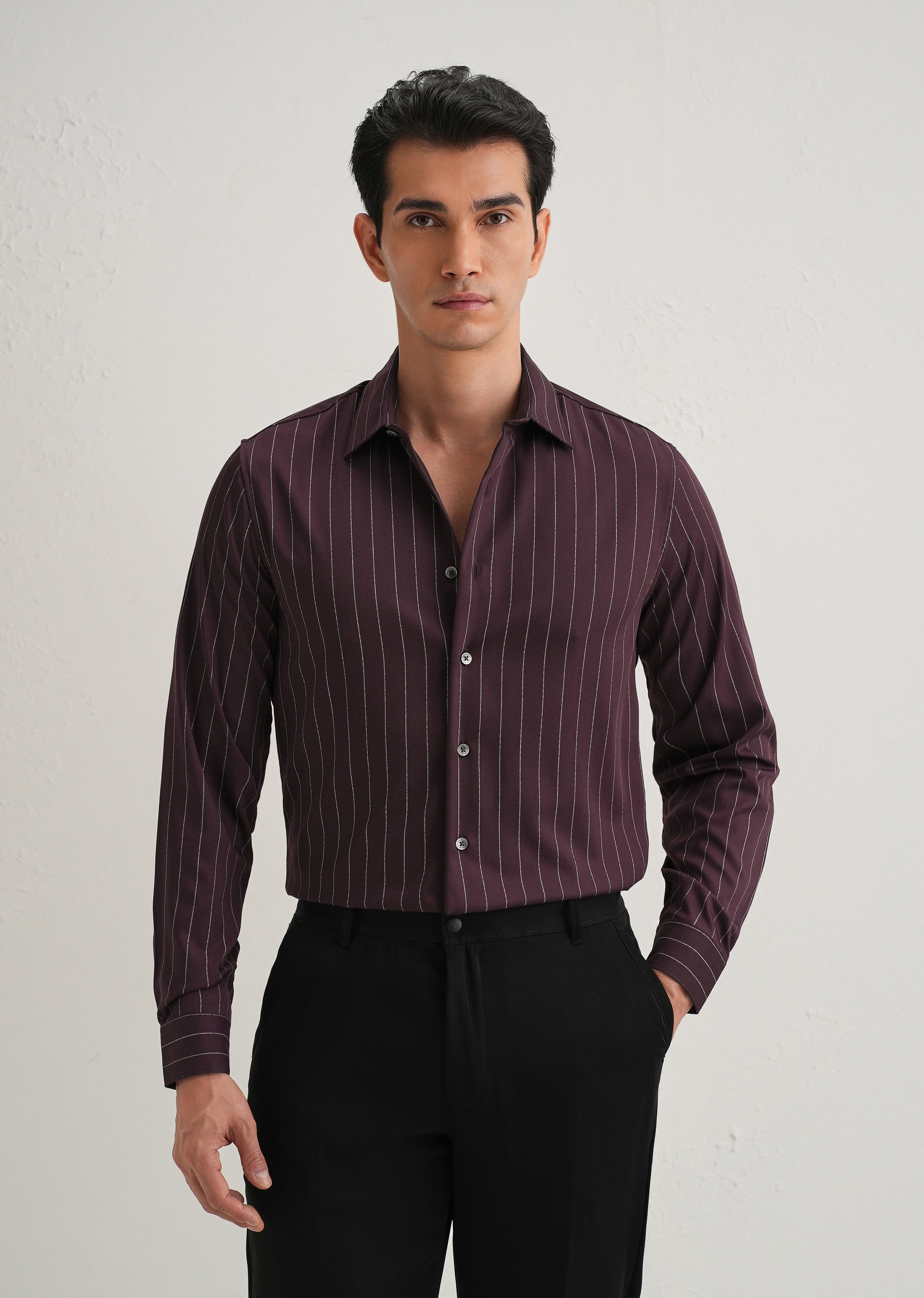 Wine Vertical Stripe Shirt