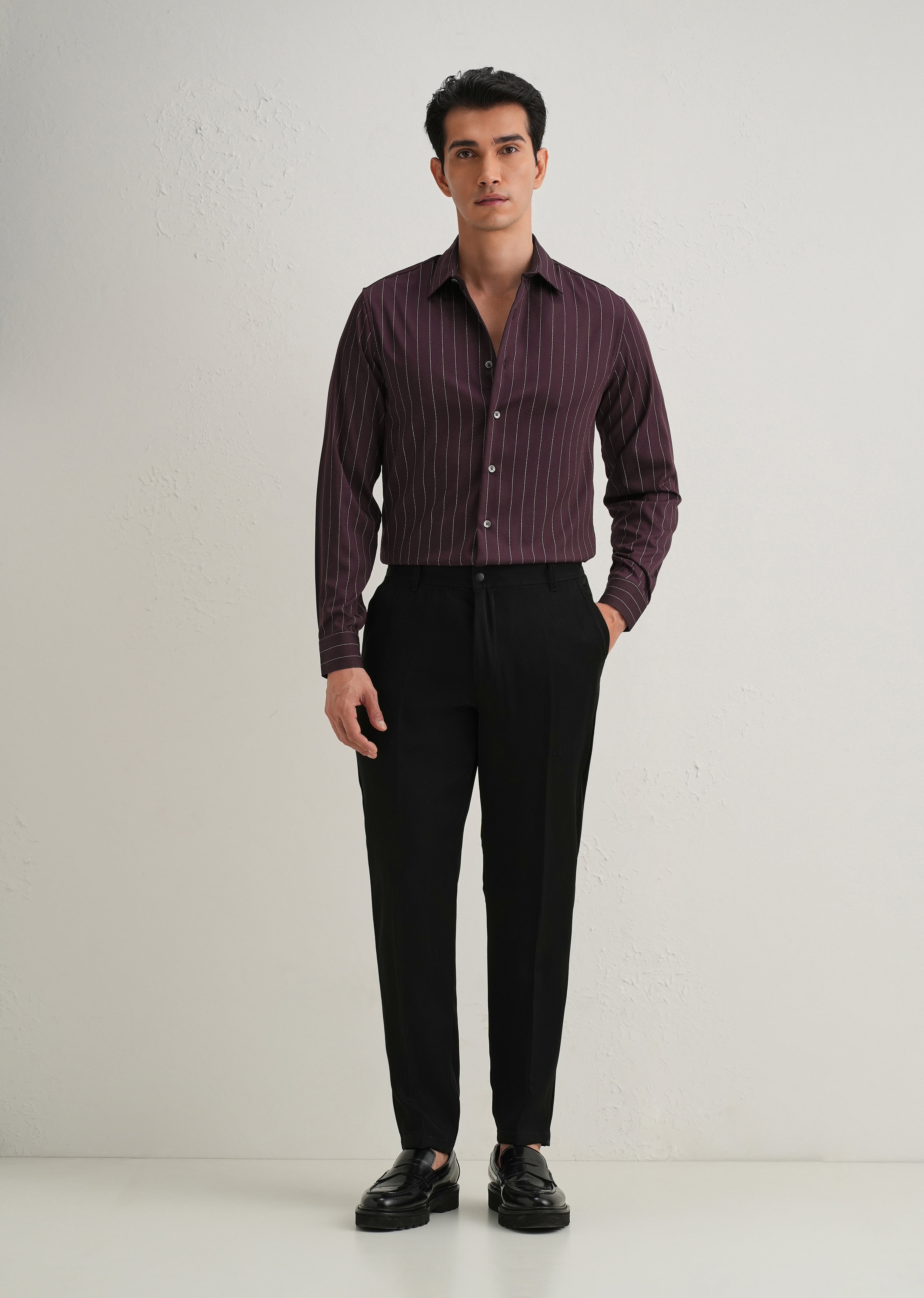 Wine Vertical Stripe Shirt