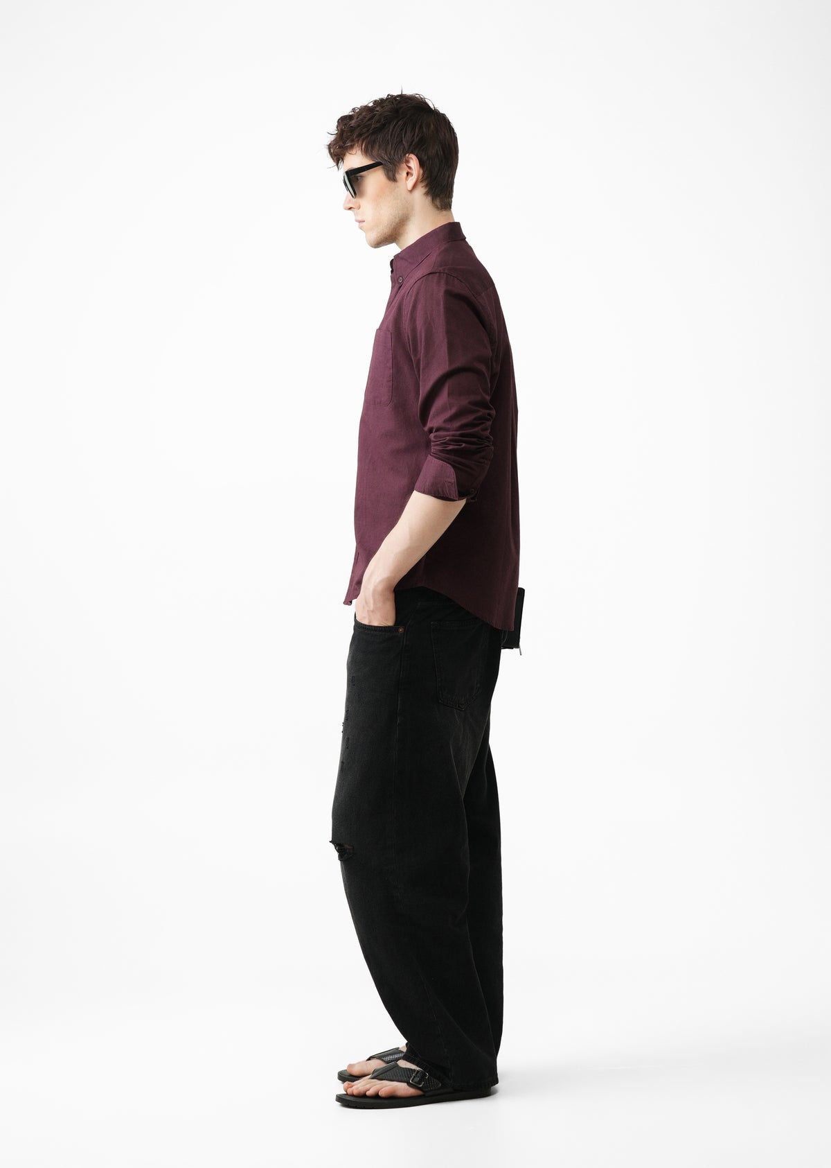 Wine Cotton Linen Plain Shirt
