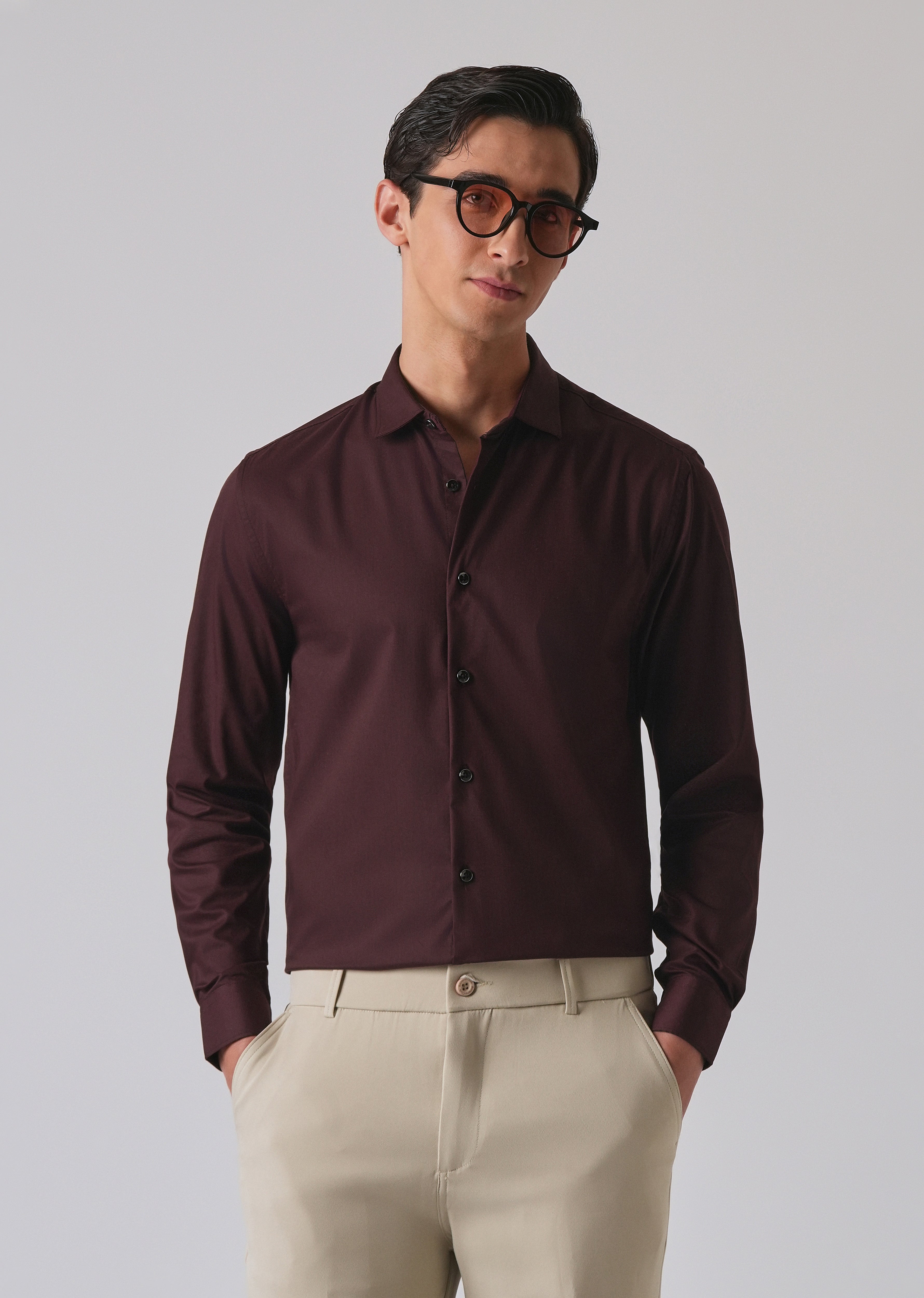 Wine Cotton Stretch Plain Shirt