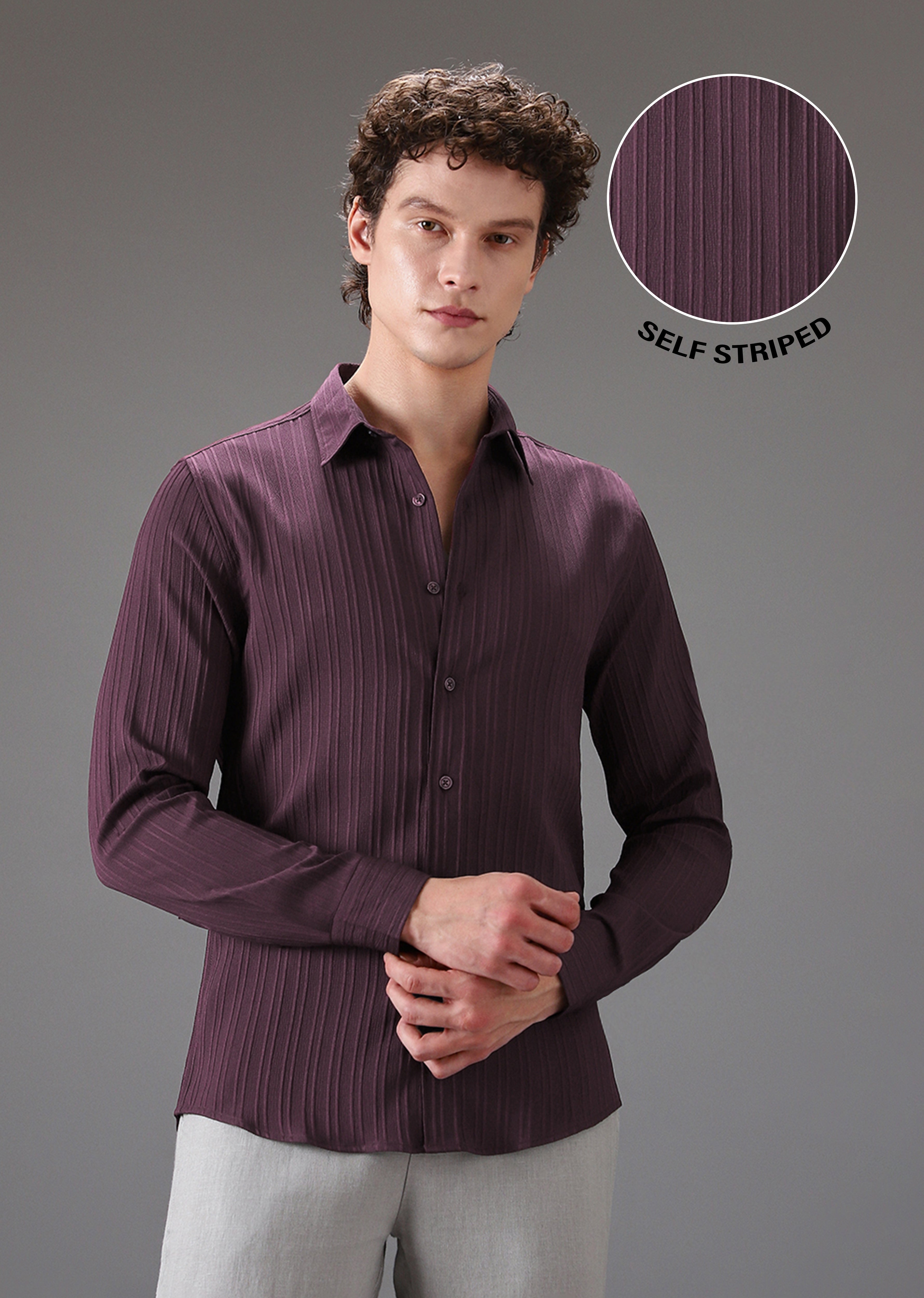 Wine Plain Self Striped Shirt