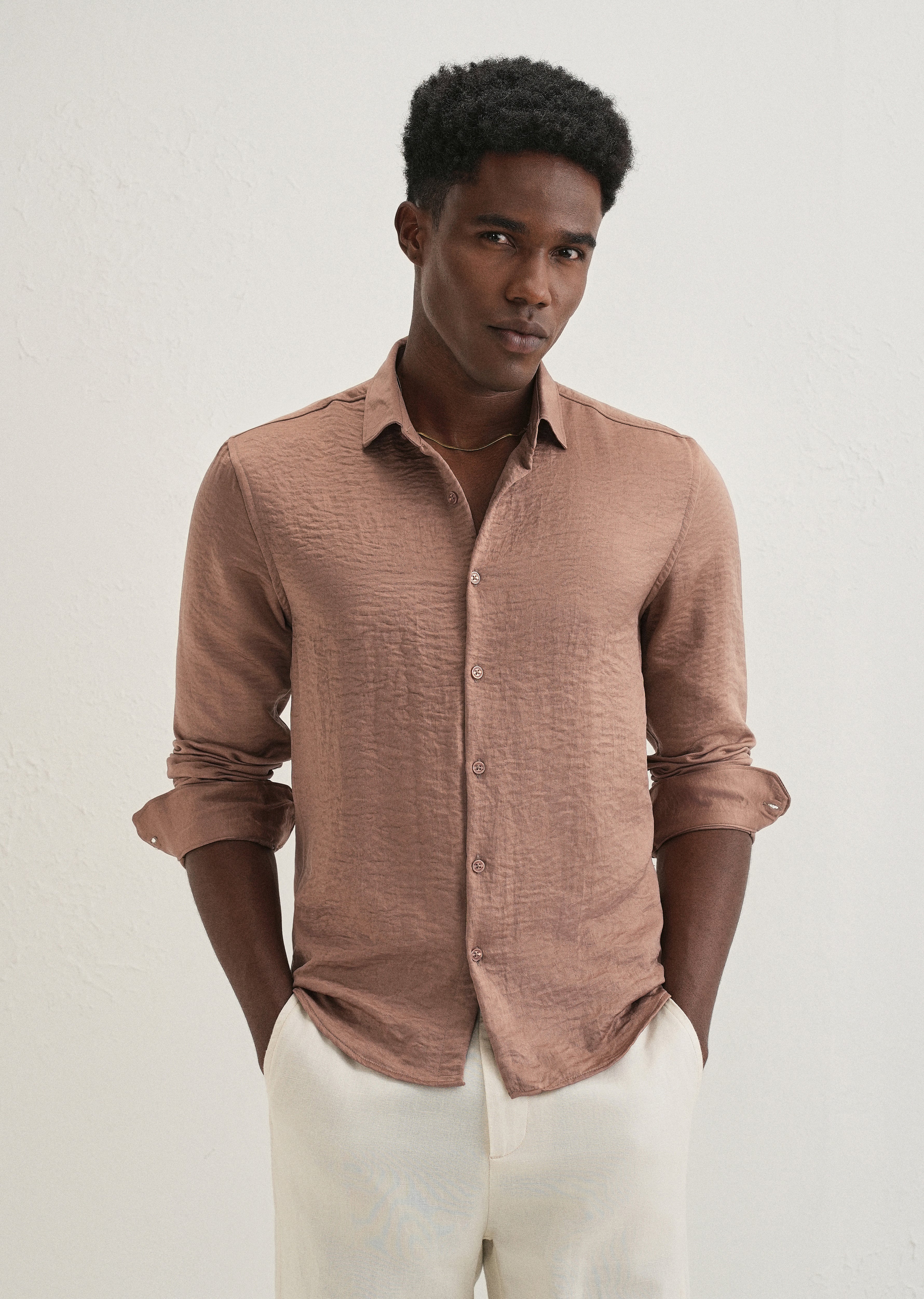 Wood Brown Plain Crushed Satin Shirt