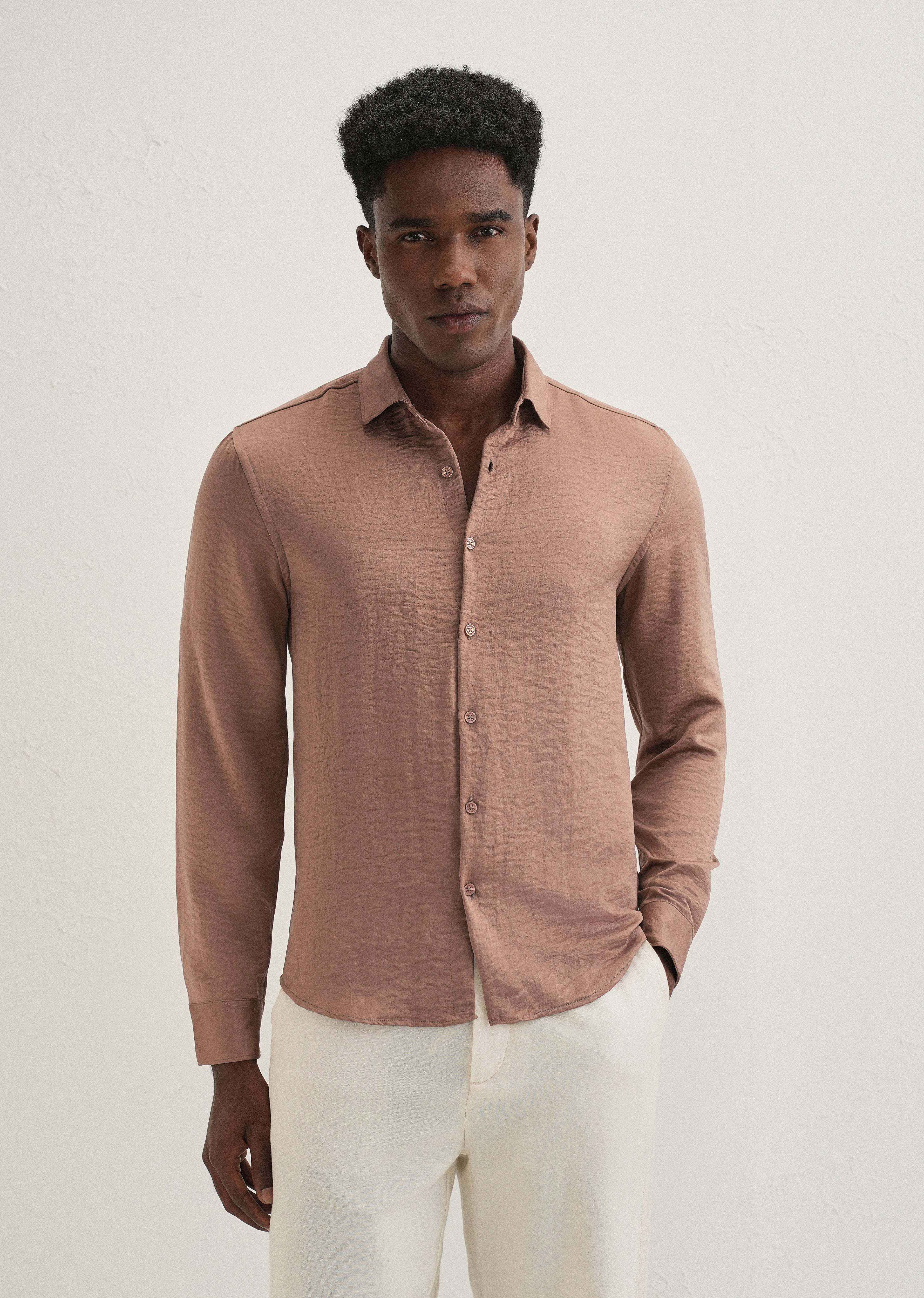 Wood Brown Plain Crushed Satin Shirt