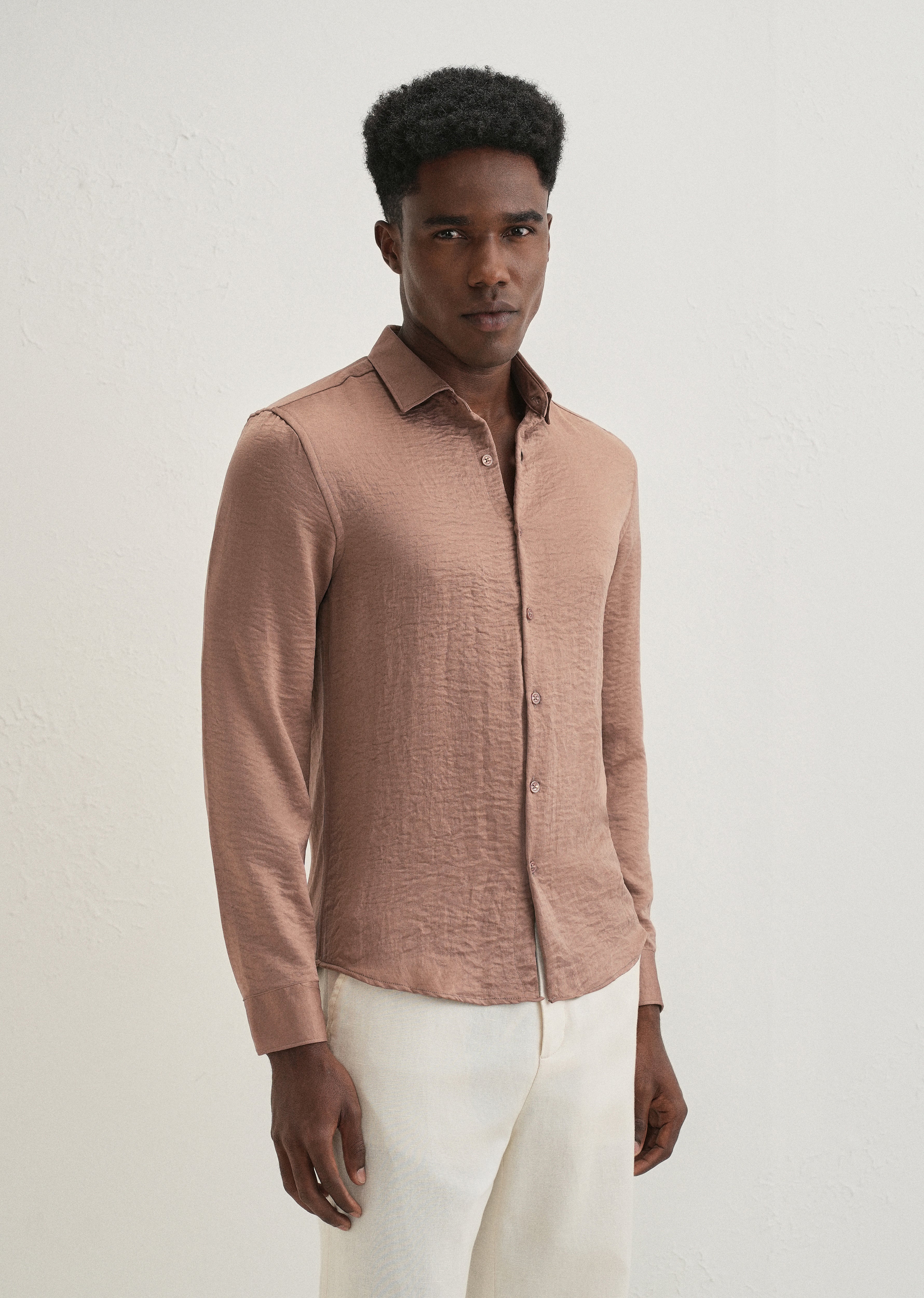 Wood Brown Plain Crushed Satin Shirt