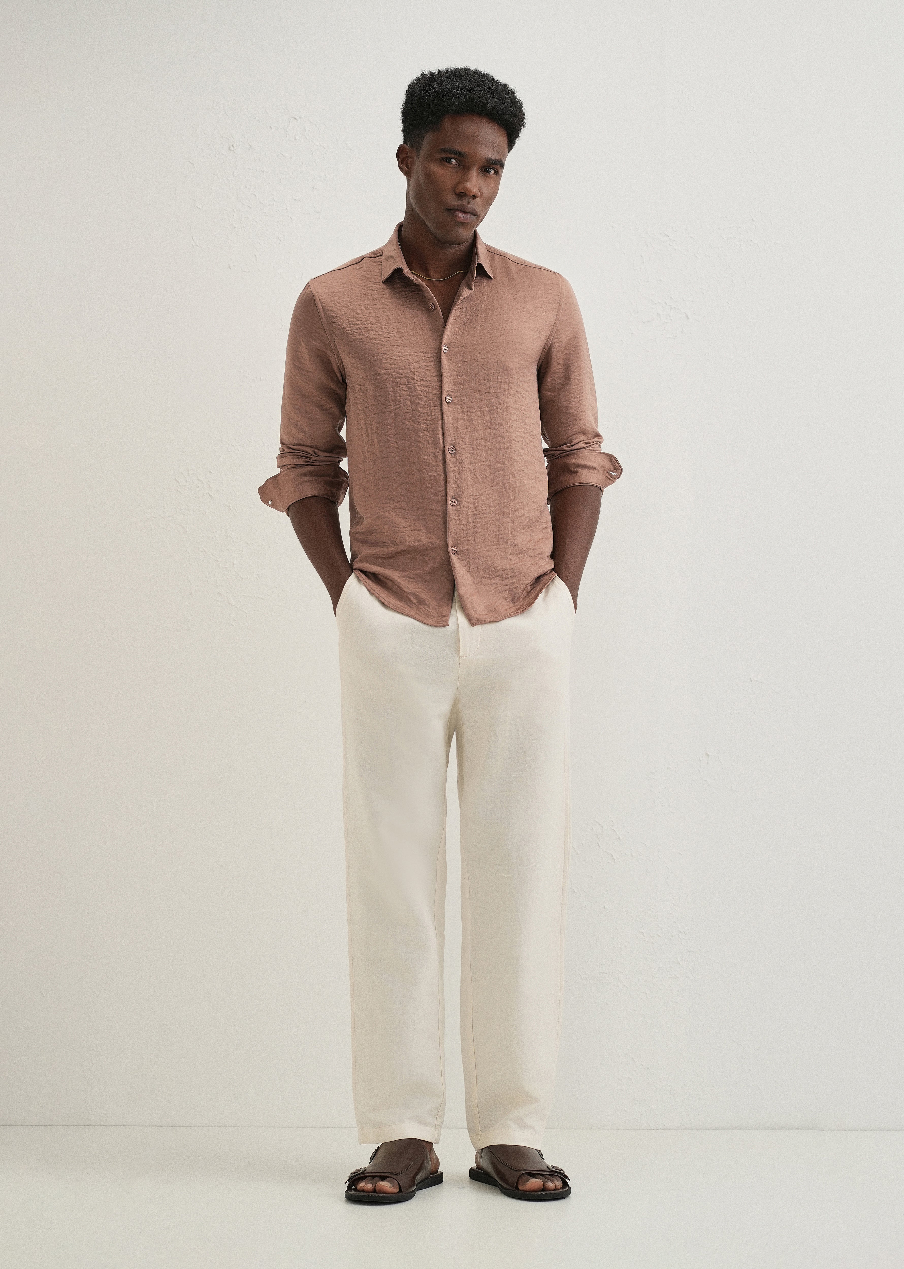 Wood Brown Plain Crushed Satin Shirt