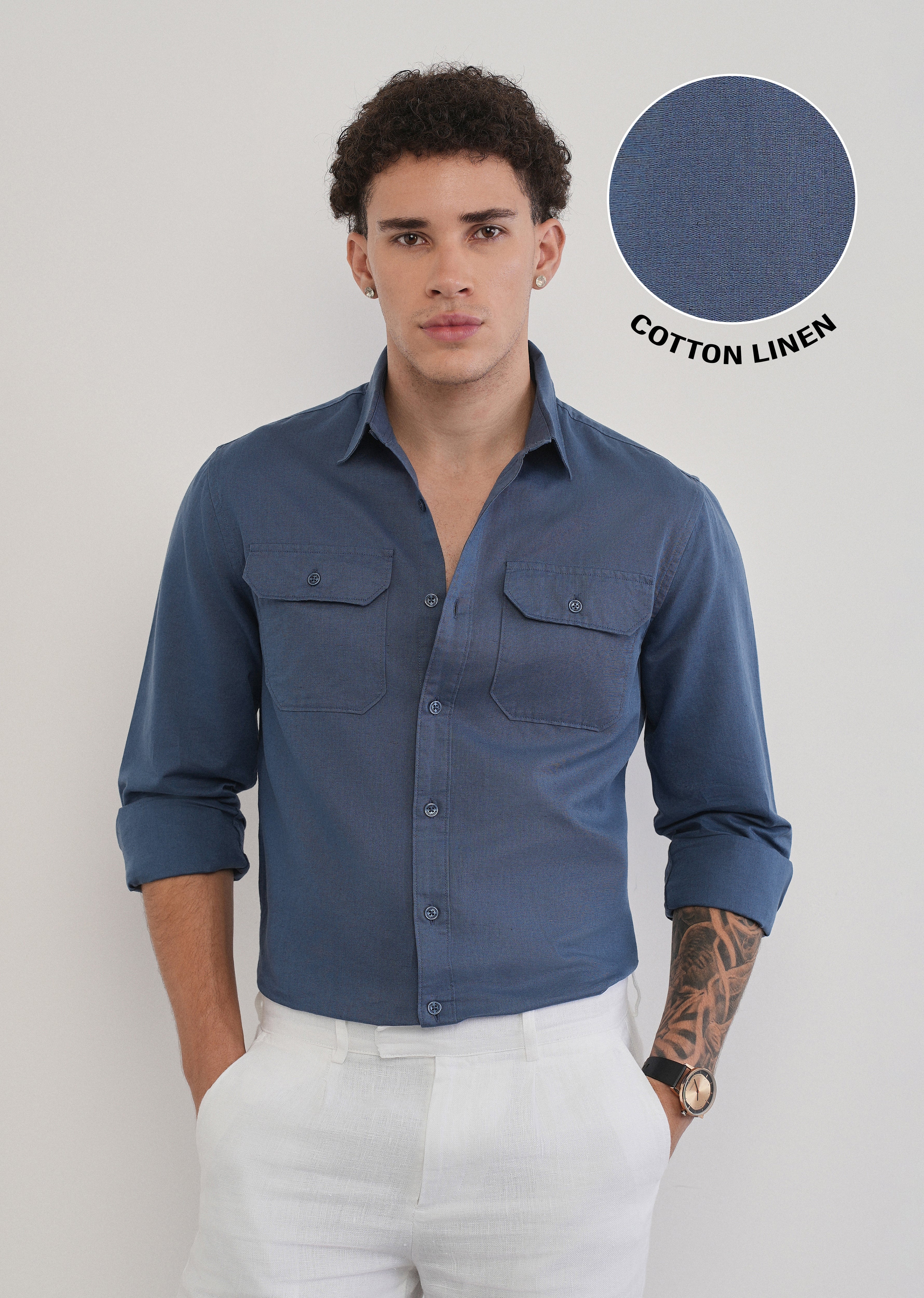 Yale Blue Cotton Linen Flap Pocket Shirt