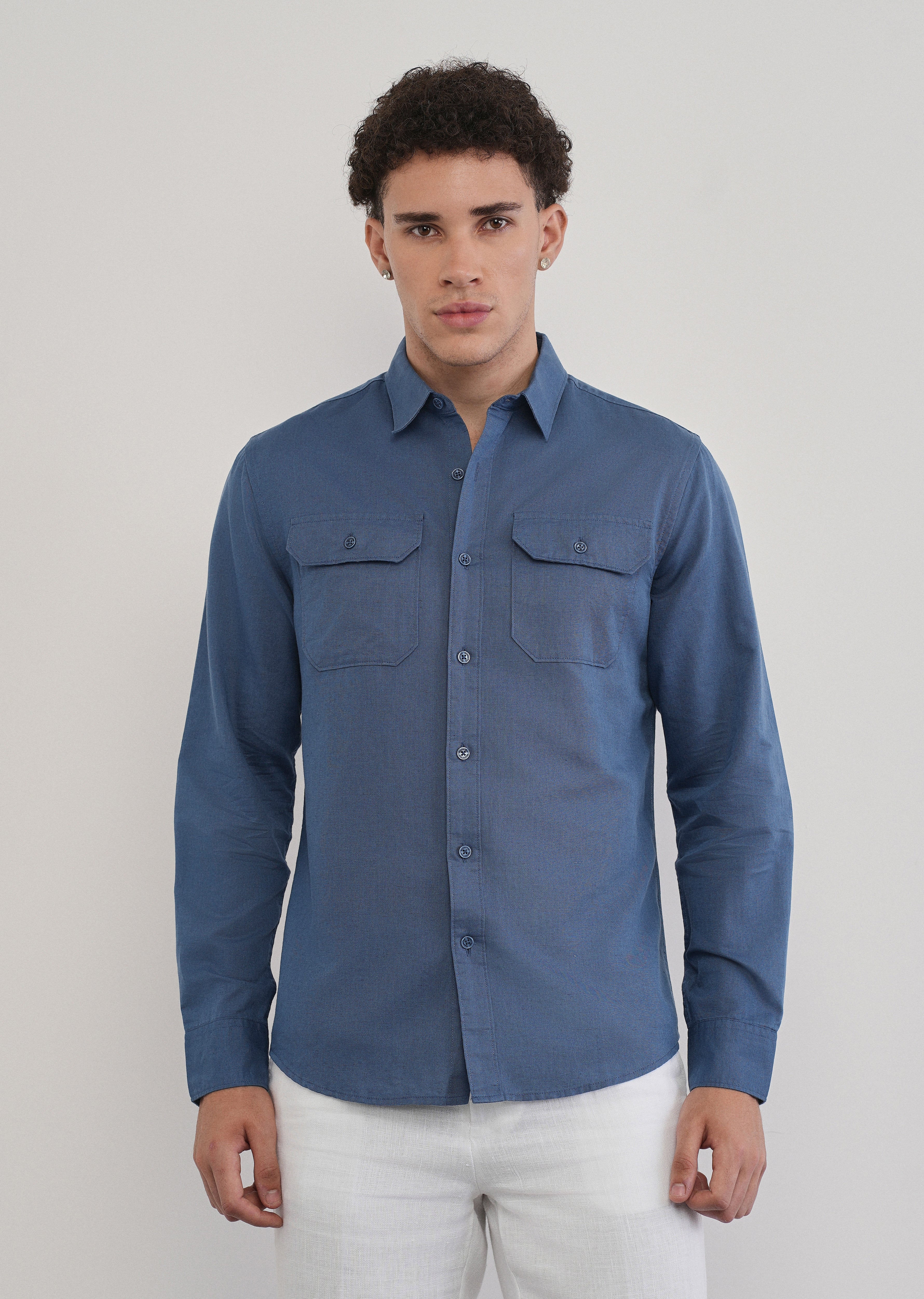Yale Blue Cotton Linen Flap Pocket Shirt