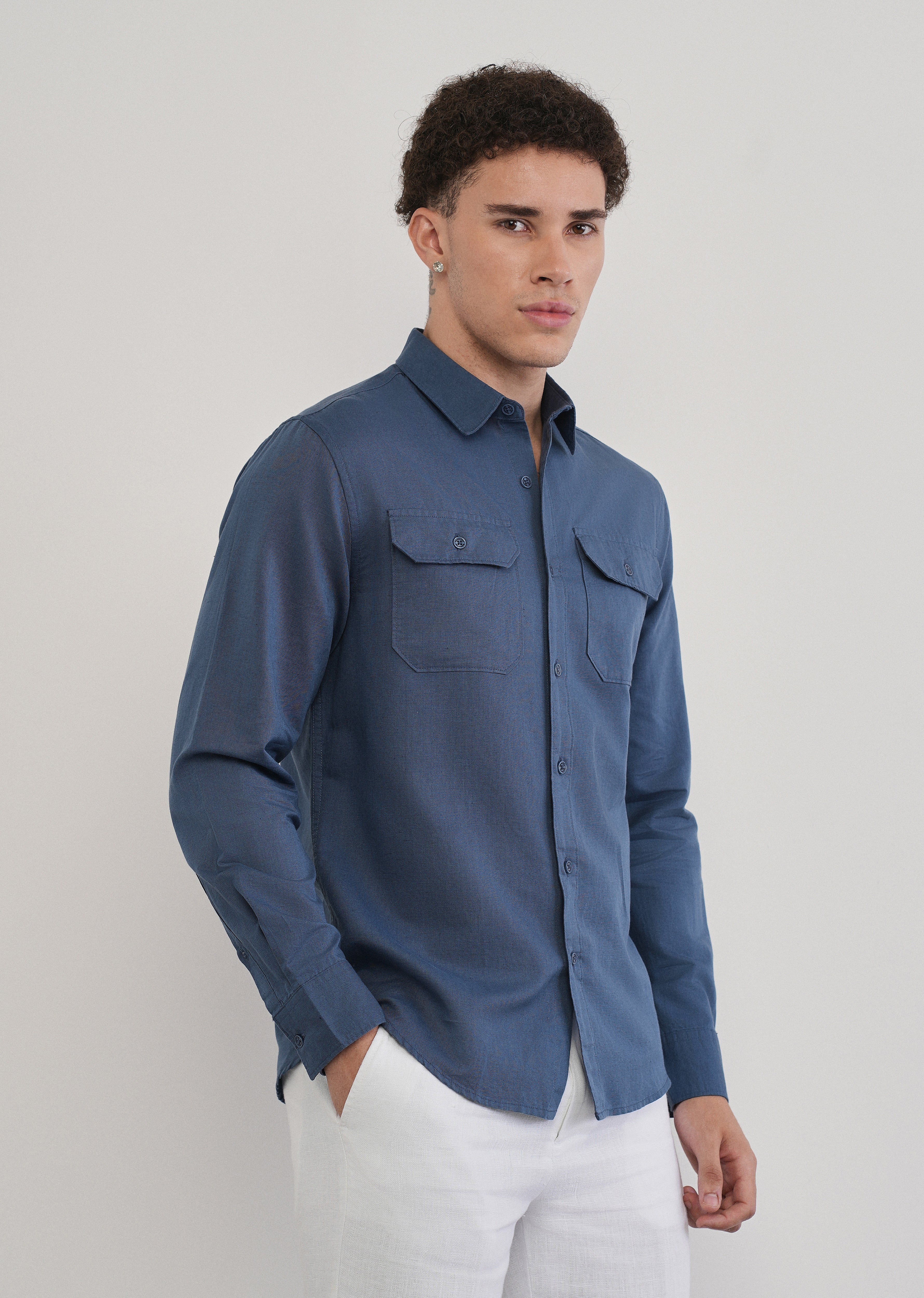 Yale Blue Cotton Linen Flap Pocket Shirt