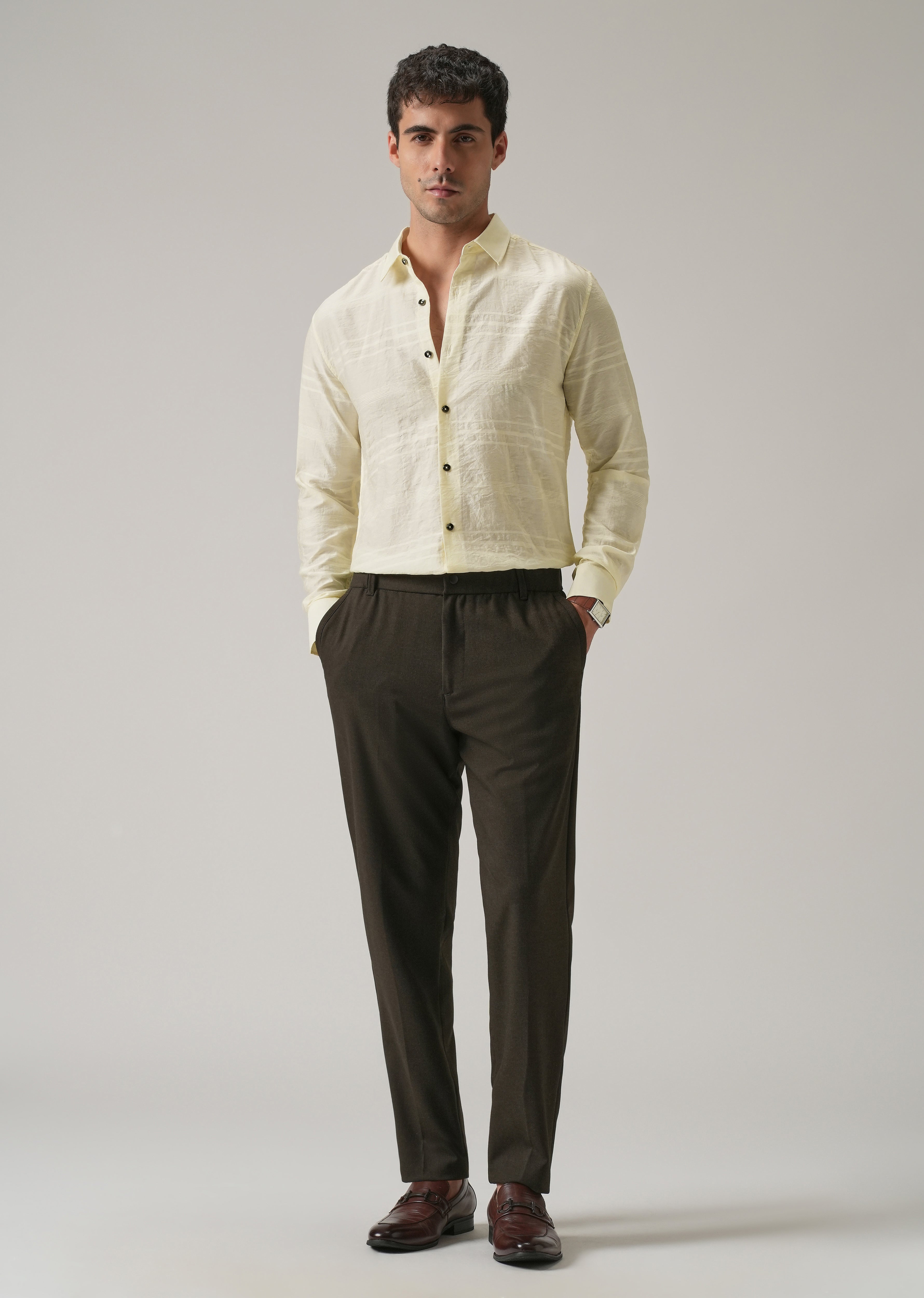 Yellow Crinkled Self Stripe Shirt