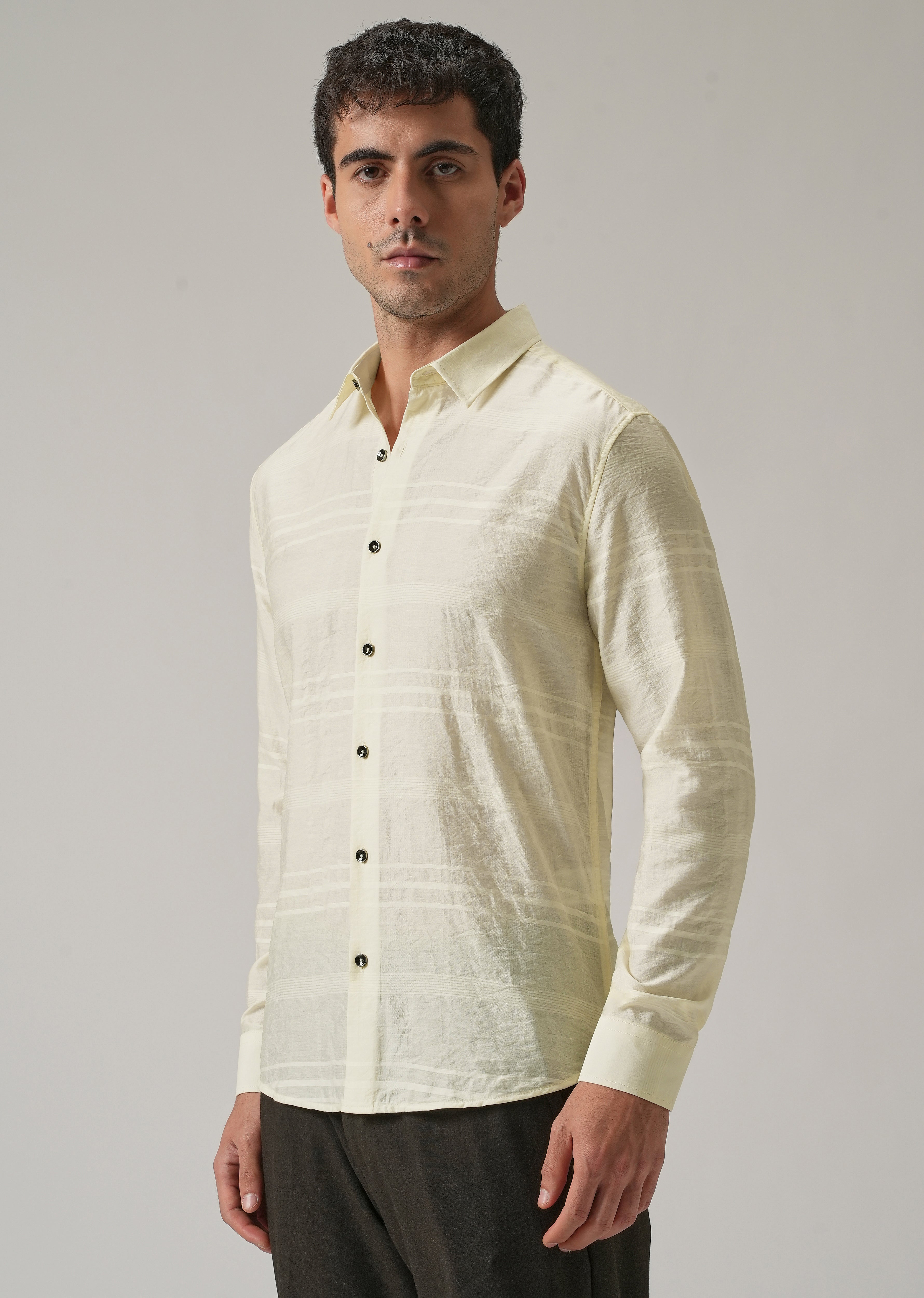 Yellow Crinkled Self Stripe Shirt