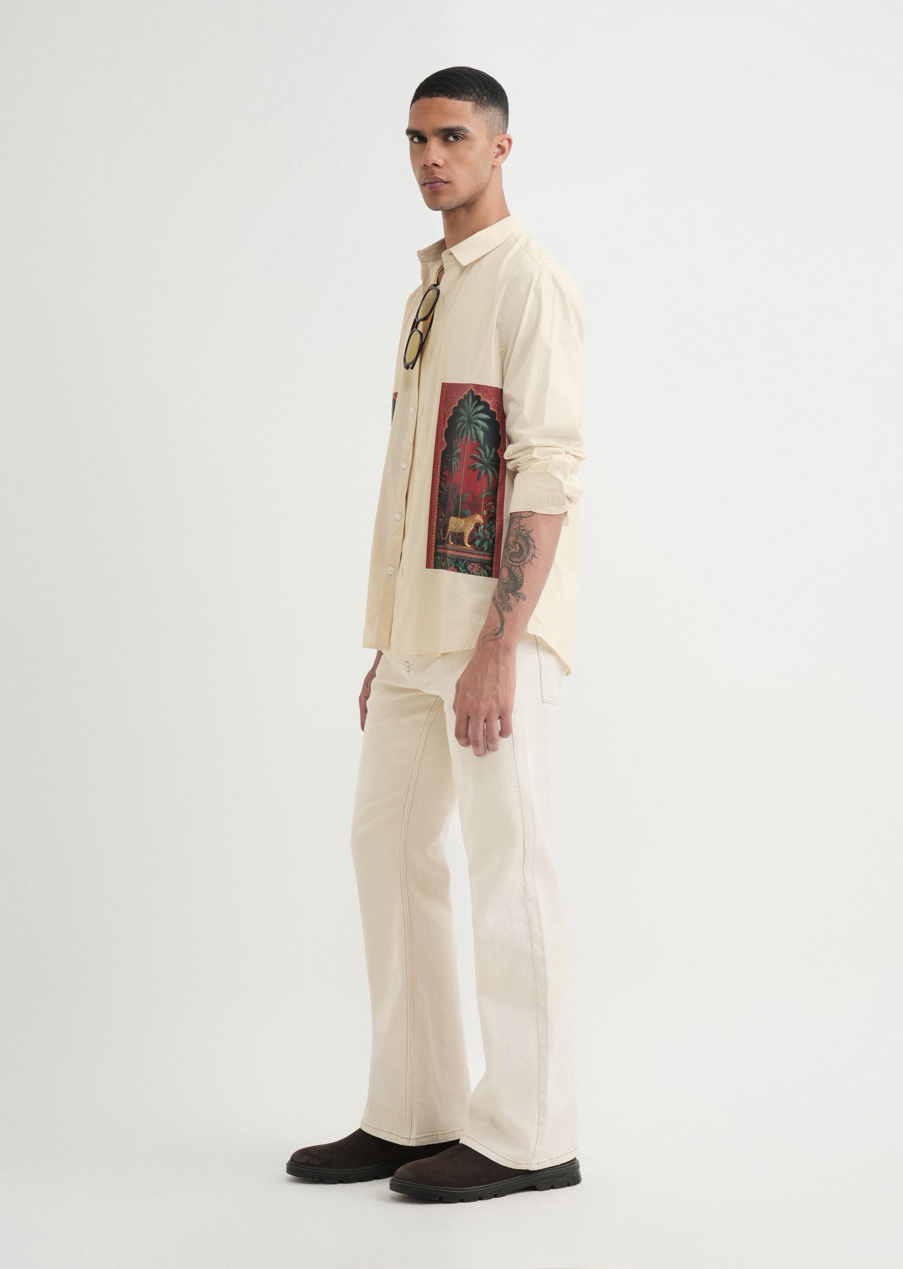 Beige Placement Print Cotton Shirt