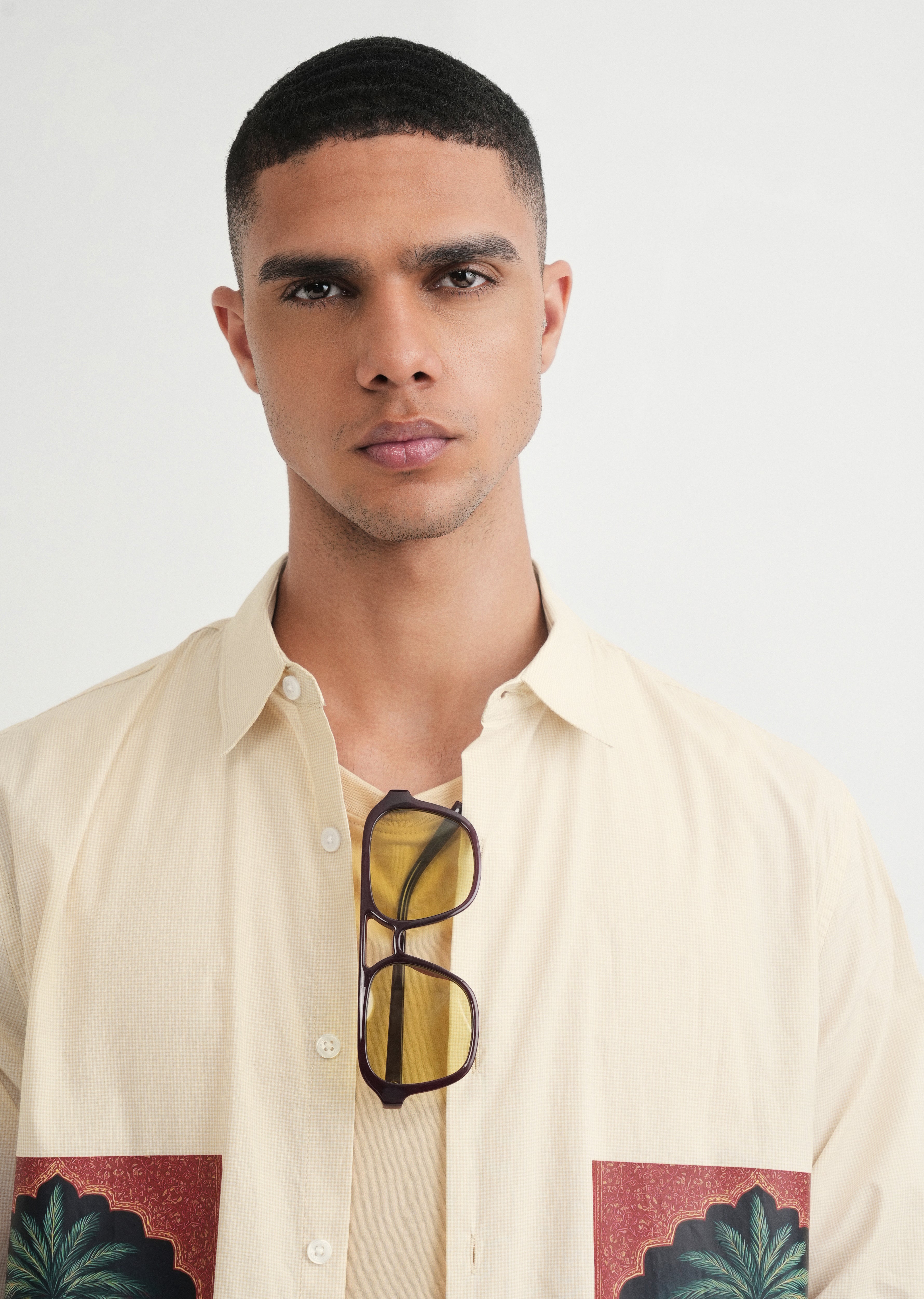 Beige Placement Print Cotton Shirt