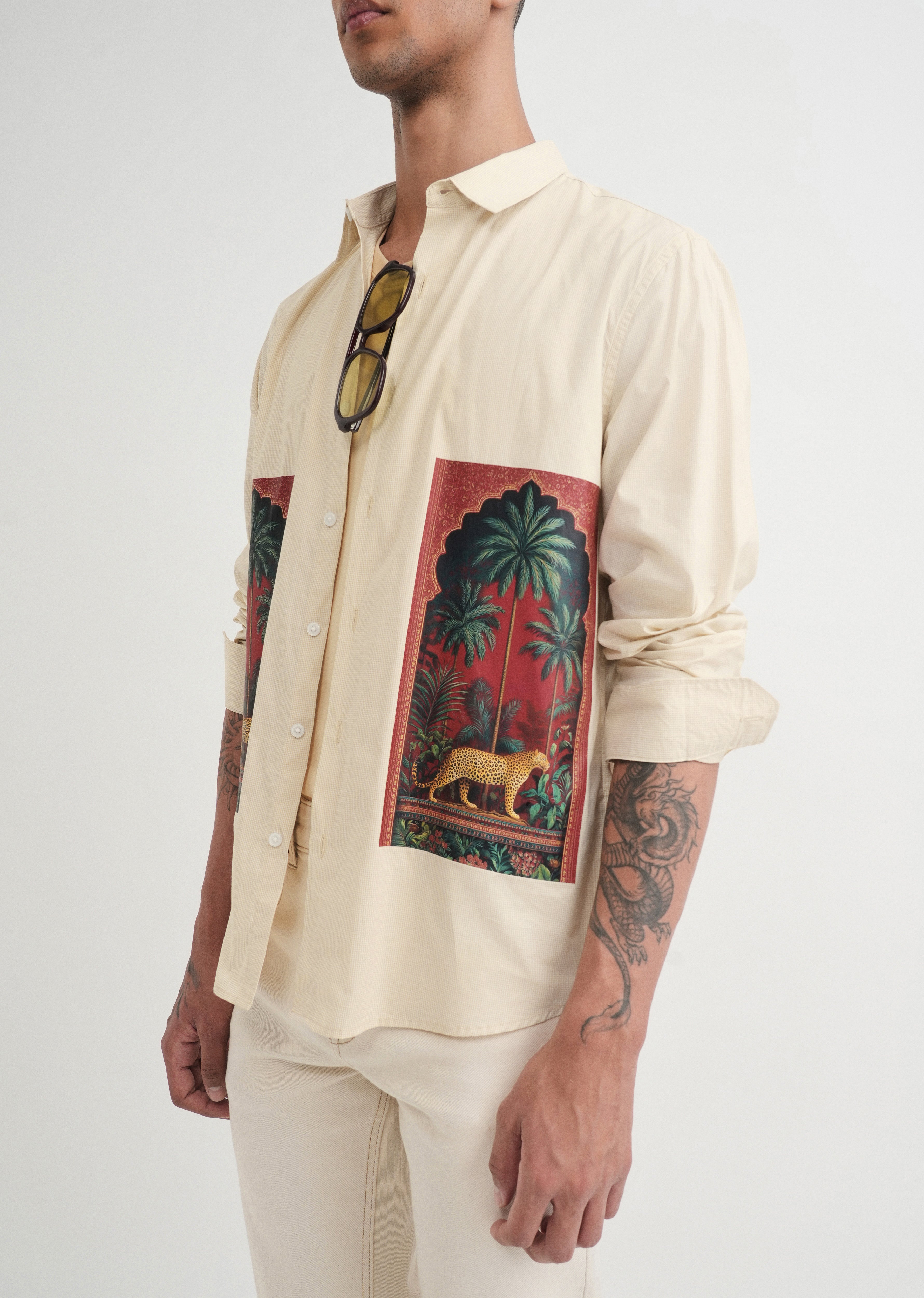 Beige Placement Print Cotton Shirt